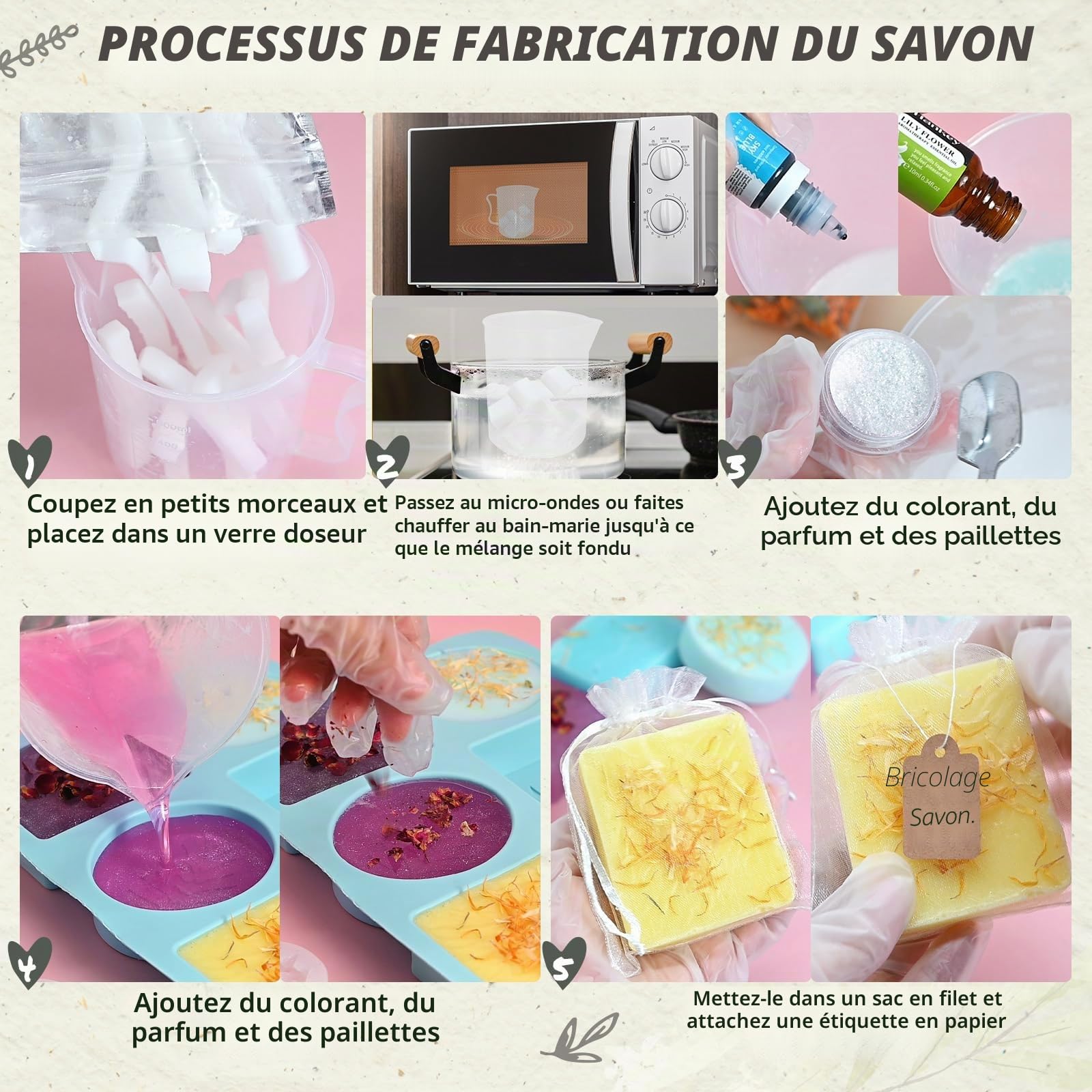 Kit Fabrication Savon, Vezerd créatif pour adultes avec moule à savon, base de savon et savon brut, bombes de bain, savons à faire soi-même pour enfants/débutants