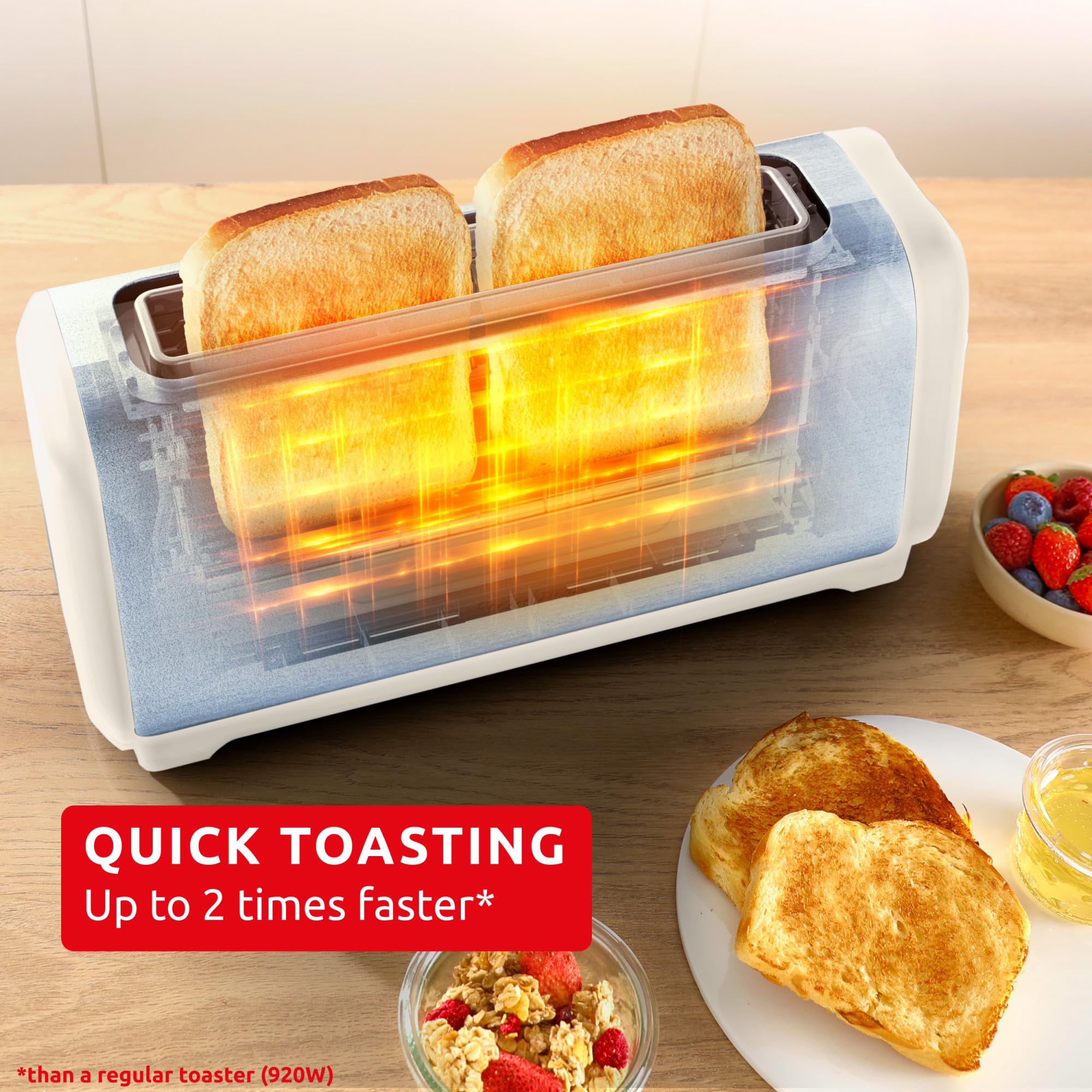 Moulinex Subito, Grille-pain longue fente avec chauffe-viennoiseries, Dorage plus rapide, Économies d'énergie, Rise et inox, LS5S1AE0