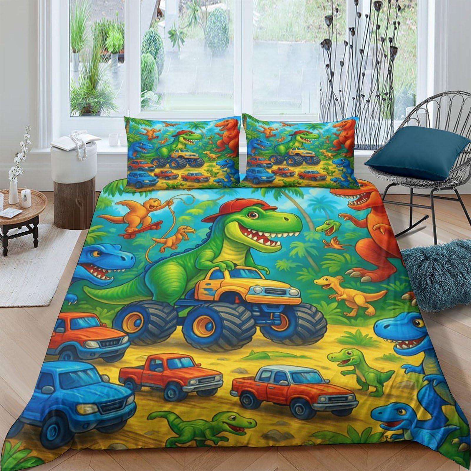 Ctjqhvkz Style-10 3D Printed Dinosaur Monster Truck Fitted Sheet Microfiber Soft Colorful Car Bed Cover For Bedroom Kids Guest Mattress Decor Single（135X200cm）