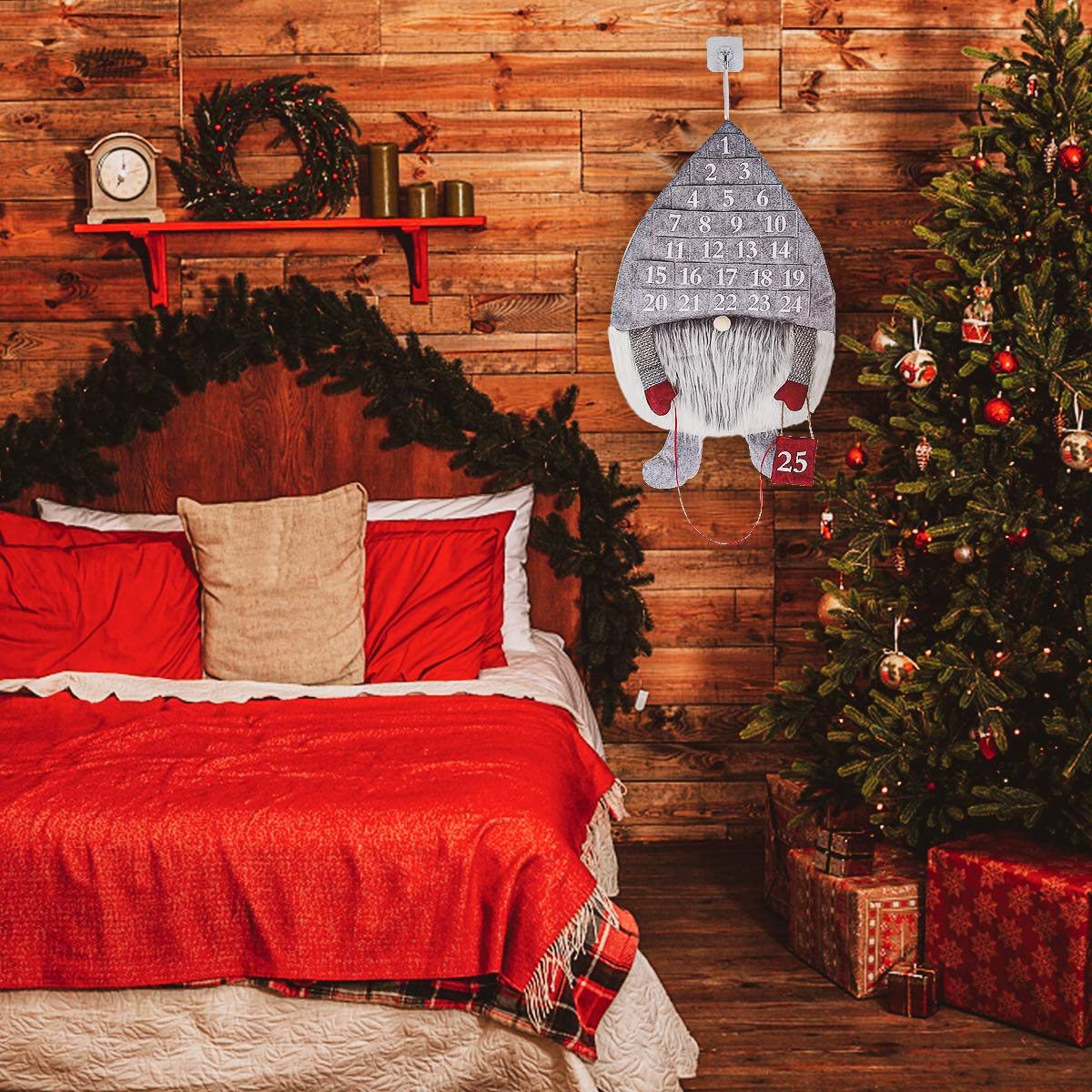 Calendario Dell'Avvento del Tessuto, Calendario Avvento Stoffa, Calendario di Natale, Calendario Peluche per Vecchio Nella Foresta, 24 Taschini, Regali di Natale, Decorazioni per la Casa,64*39cmgrigio