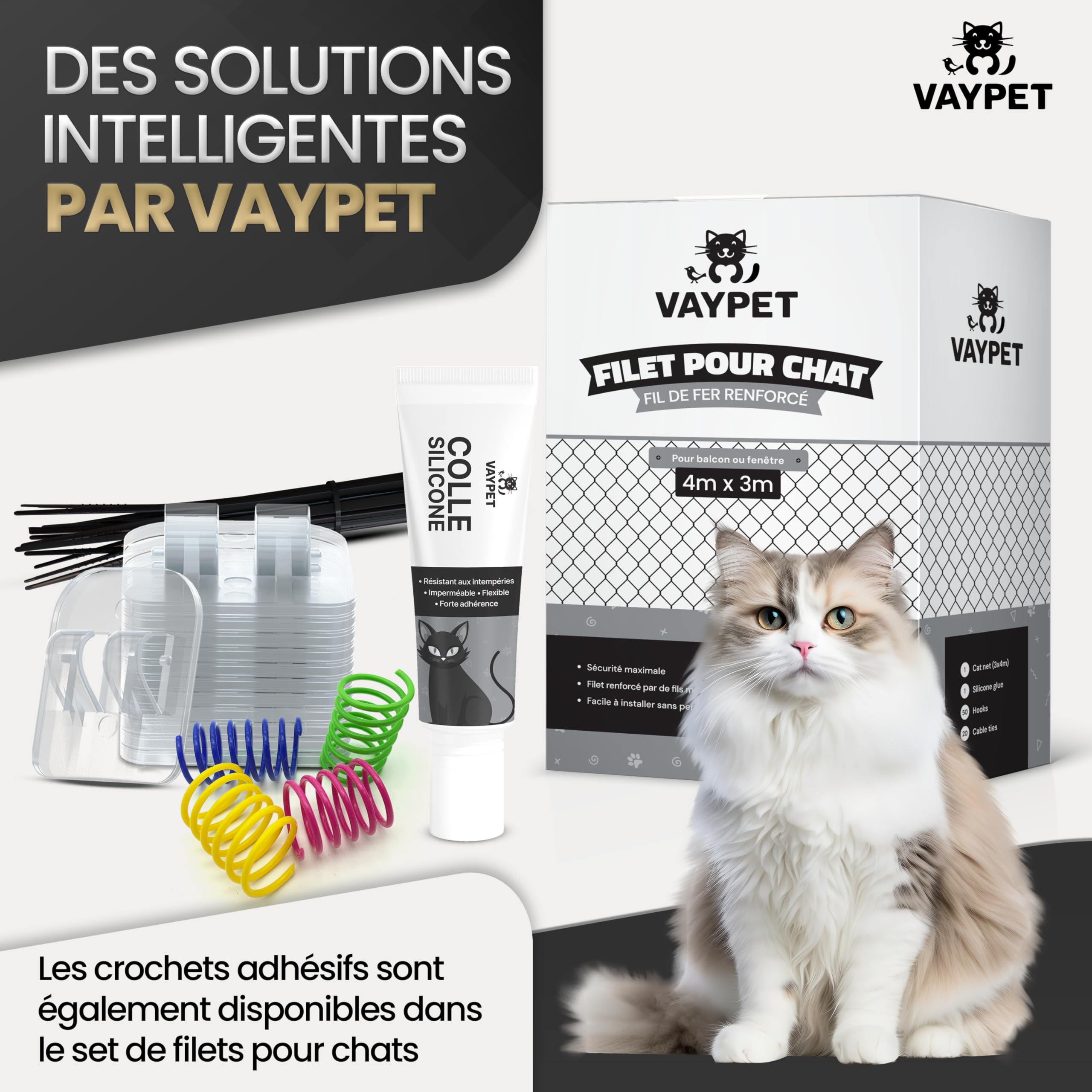 VAYPET® 100 Crochets Filet Chat & Colle Silicone [60ml] - Fixation & Attache Filet Chat Balcon sans Perçage | Crochet Adhésif Extérieur Transparent | Idéal sur Béton, Crépi & pour Fenêtre