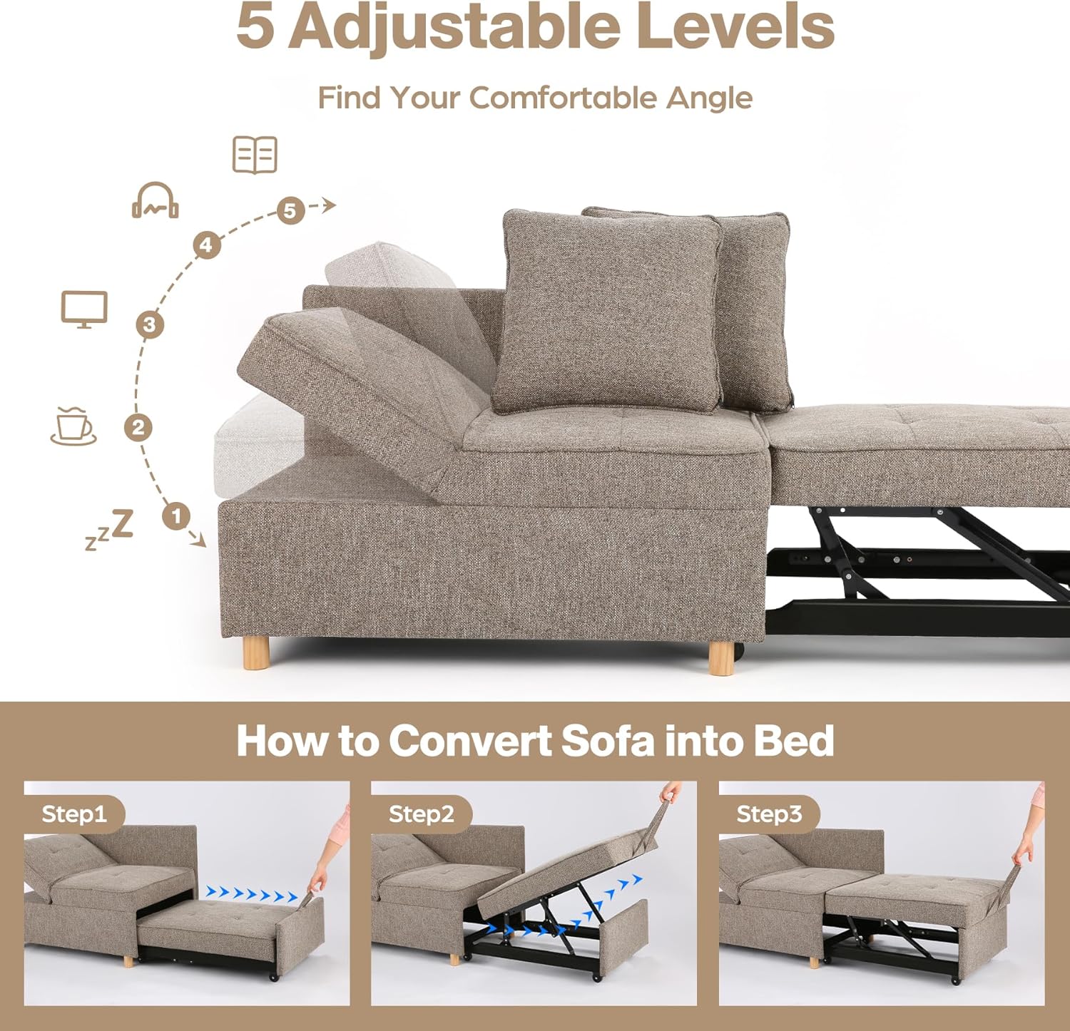 SEJOV Sofa Bed, 4-in-1 Convertible Sleeper Couch, Pull Out Couch with 3 Seater, Sofa Chair with 5 Adjustable Backrests, 71’’ Linen Couch with 2 Pillow, Loveseat for Living Room, Brown Grey