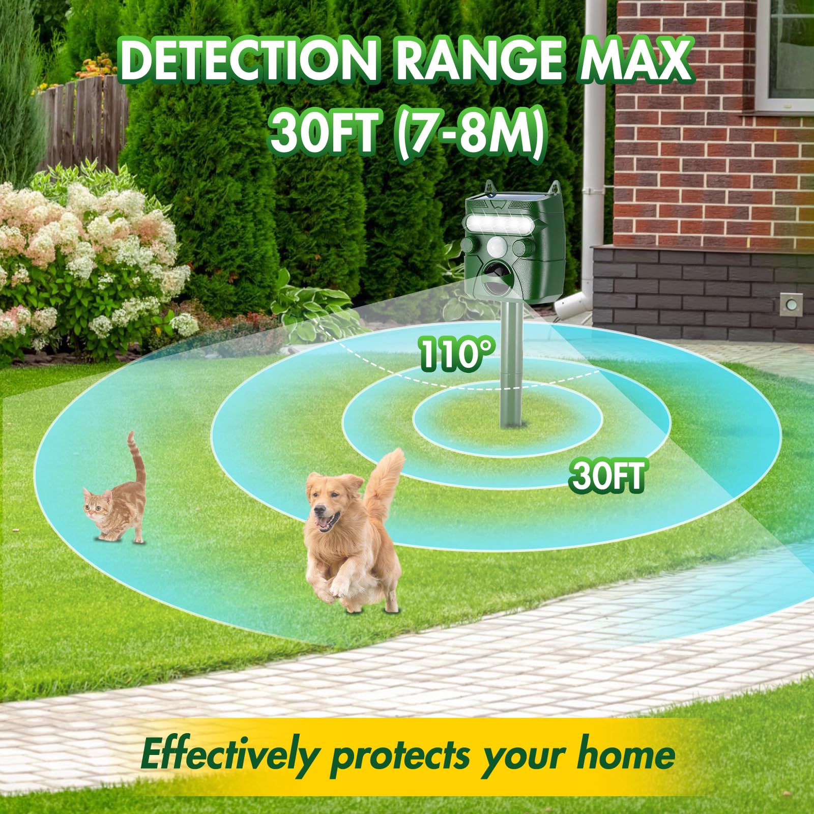 Repelente de gatos ultrasónico, repelente solar impermeable de animales al aire libre con sensor de movimiento y flash, 5 modos de repelente ultrasónico para gatos para jardín, patio, campo,