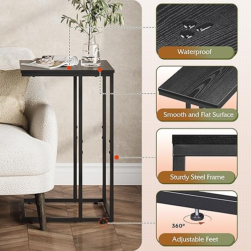 Miniatura 6 de WLIVE Juego de 2 mesas auxiliares en forma de C, mesa auxiliar negra C para sofá, bandejas de TV, juego de 2, mesas auxiliares de sofá que se Alivio