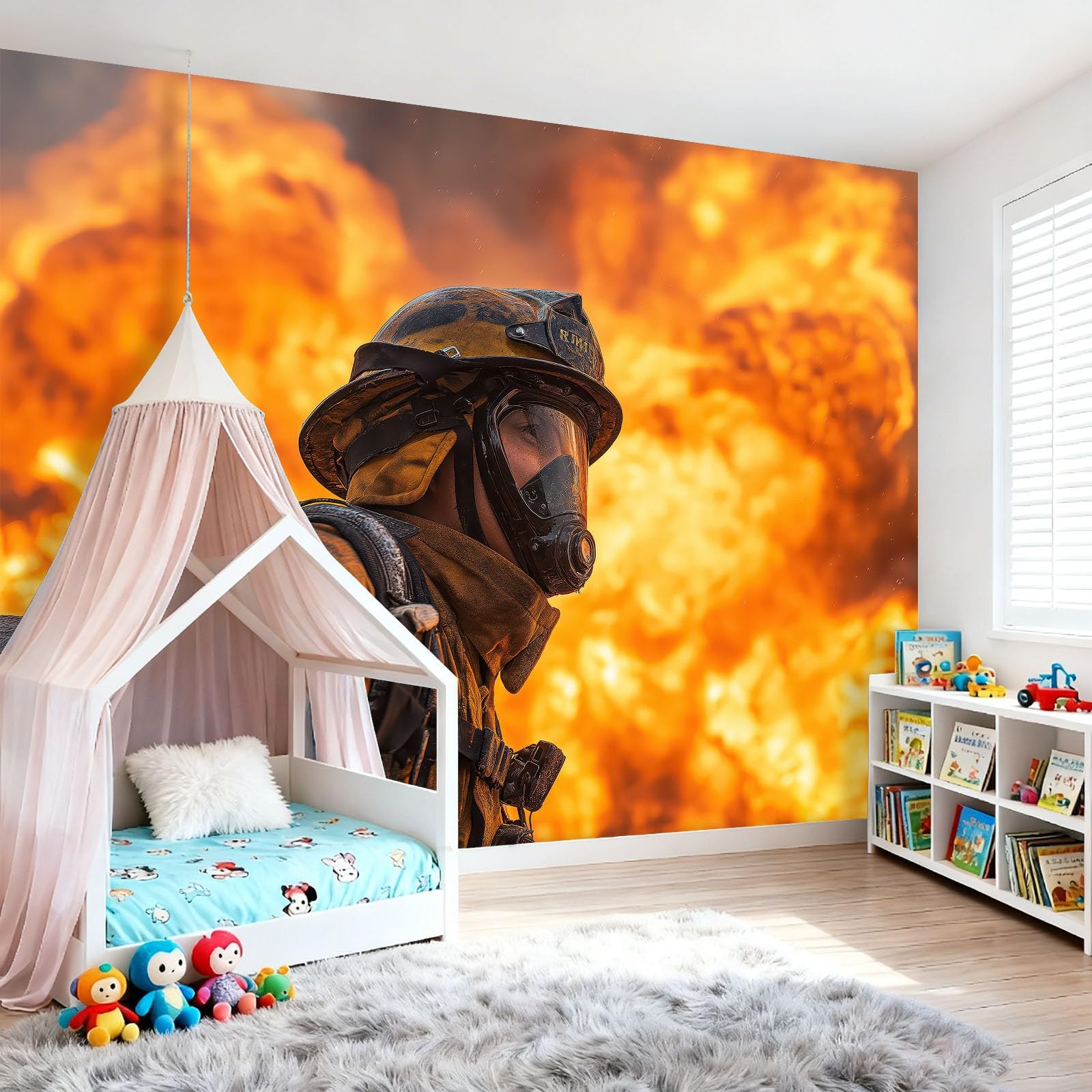 Tapeta z włókniny 350 x 256 cm, nowoczesny wzór strażaka, dekoracja ścienna do dużego pokoju młodzieżowego, żółto-pomarańczowa