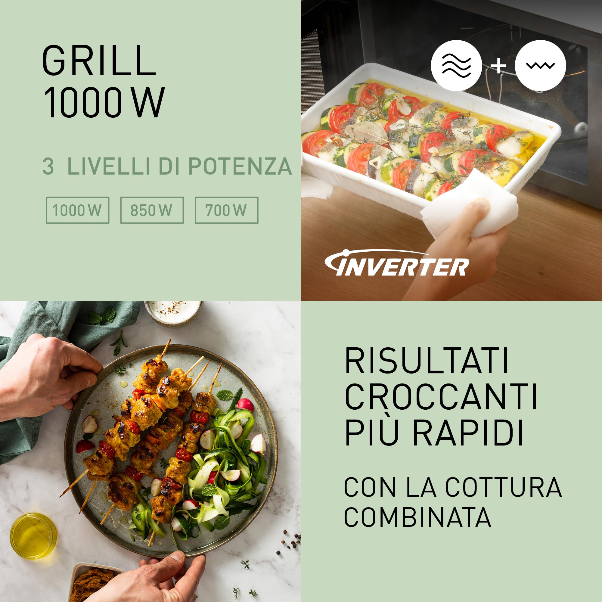 Panasonic NN-GD34QWEPG Forno Microonde con Grill 29L, 1000W, Scongelamento Automatico, Cottura Combinata, Timer, Bianco