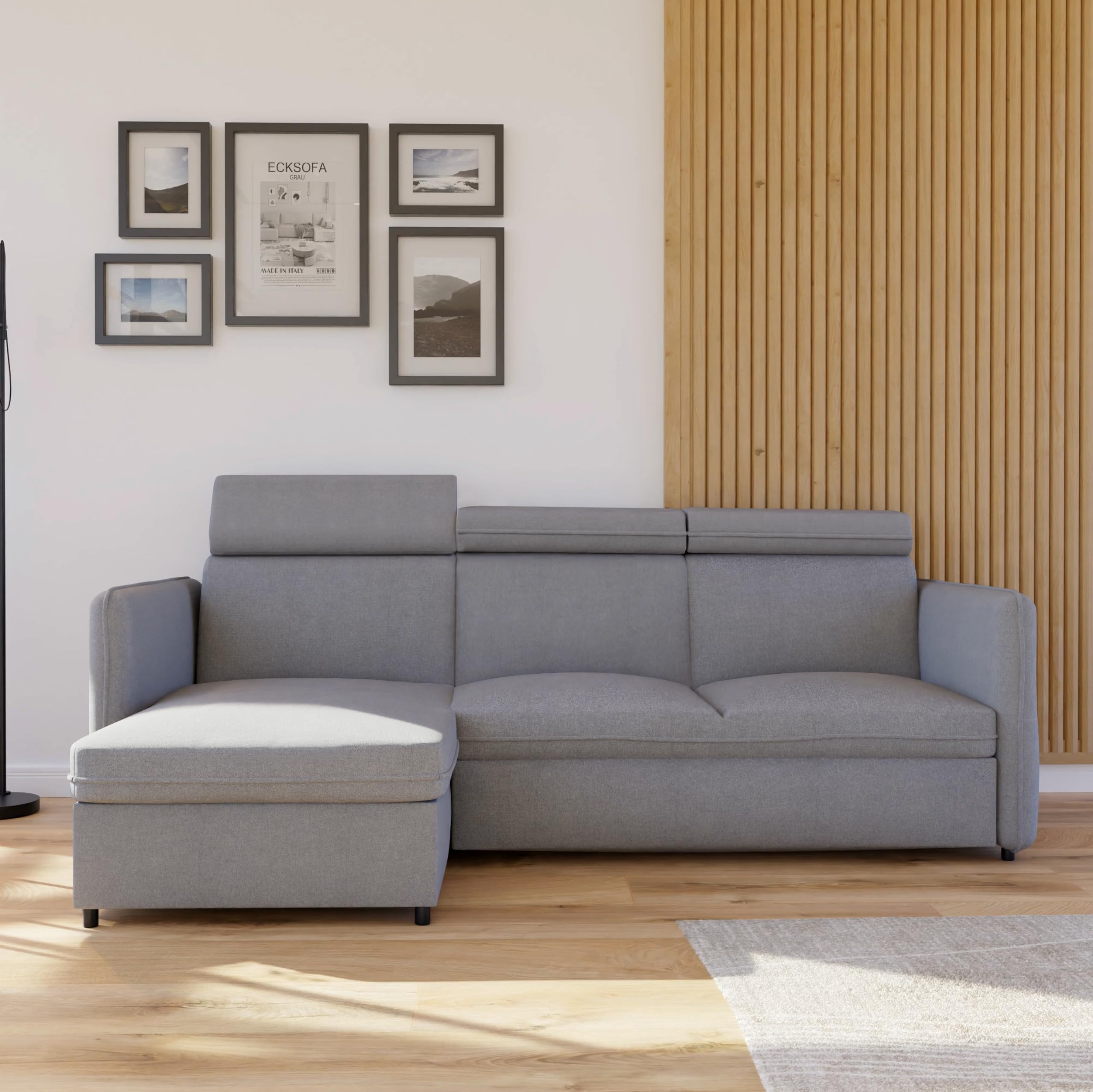 Ecksofa mit Schlaffunktion und Bettkasten 220 x 160 cm Hellgrau