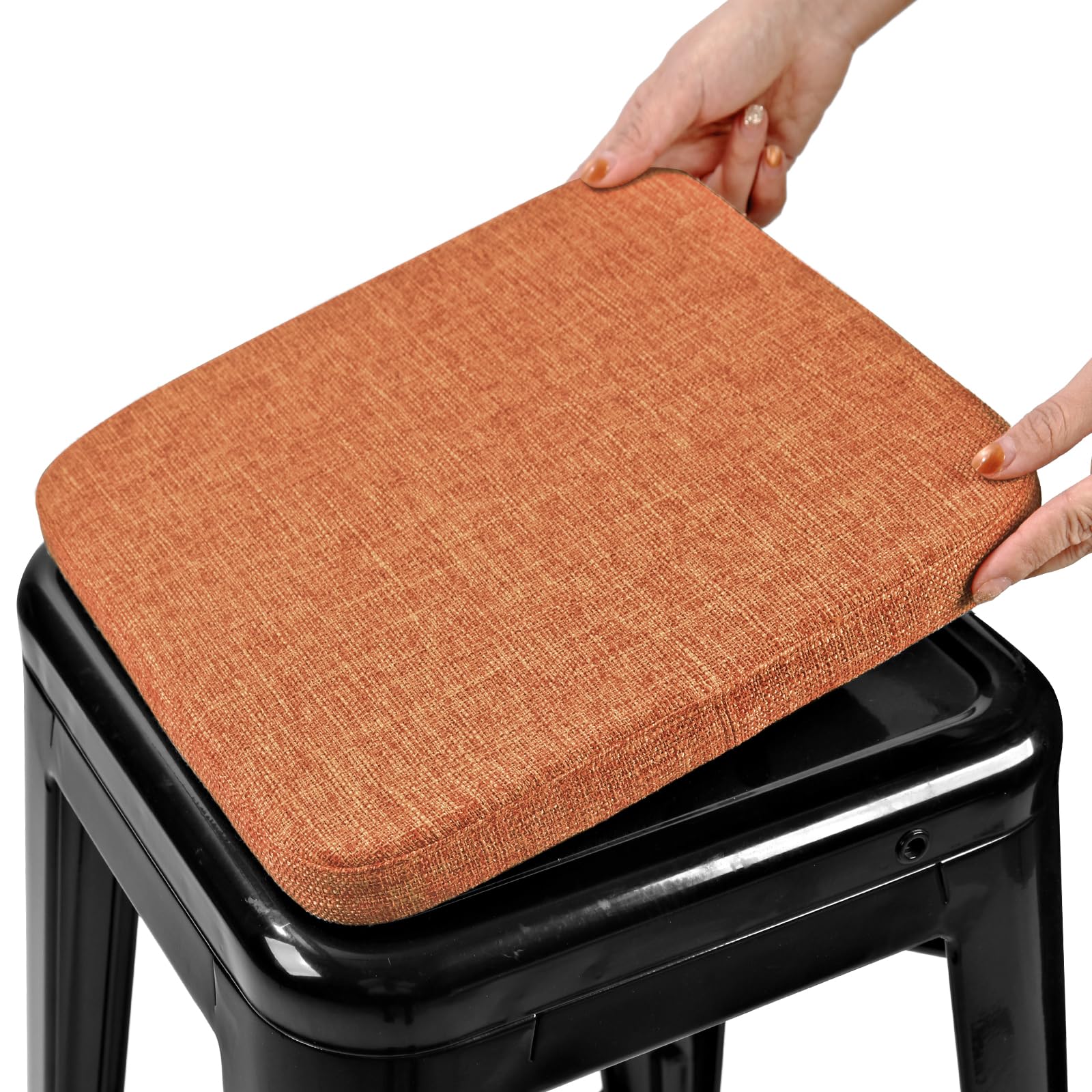 BUYUE Friendly Woven Fabric Magnetic Bar Stool Cushion 1 Piece, Enhanced Anti-Slip Breathable Small Chair Seat Pad for Café Bistro Stackable Metal Stool (Square, Orange, 1)