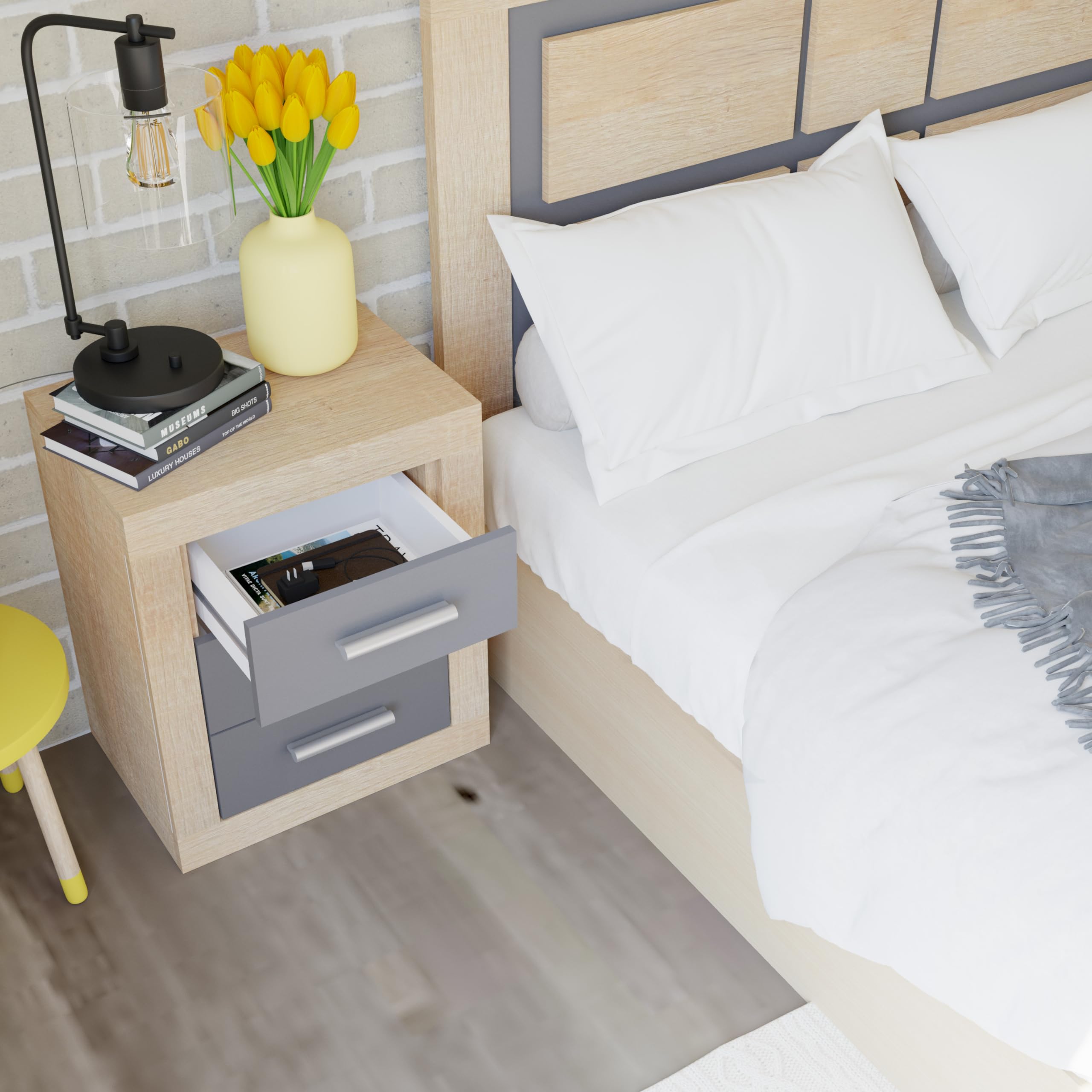 duehome | Conjunto de Dormitorio Kira 4c - Cabecero + 2 Mesitas de Noche + Comoda y Espejo, Acabado en Cambria y Grafito