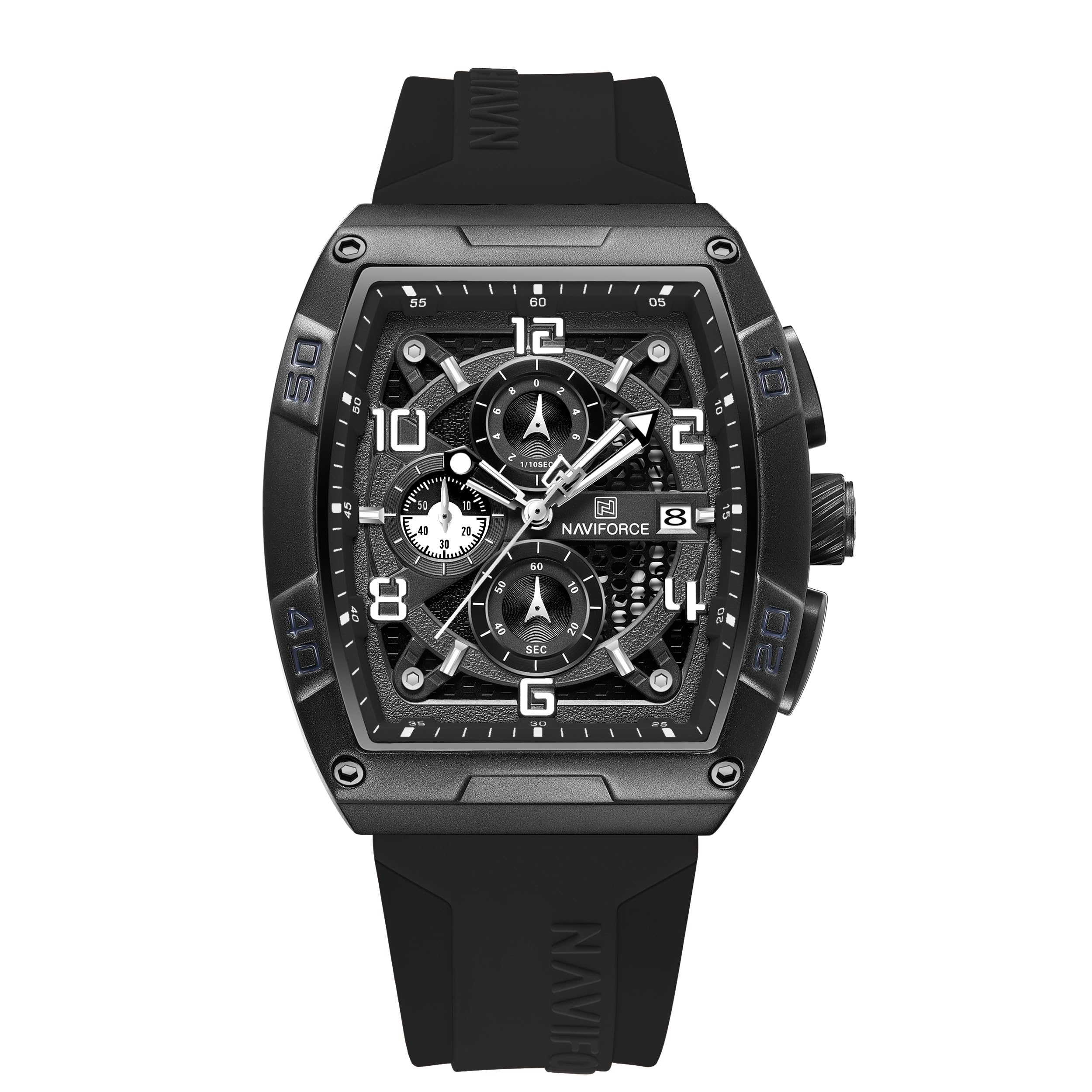 NAVIFORCE Waterproof Chronograph Sport Rectangle Watch for Men, with Auto Date Women Quartz Wrist Watches, Colorful Silicone Band