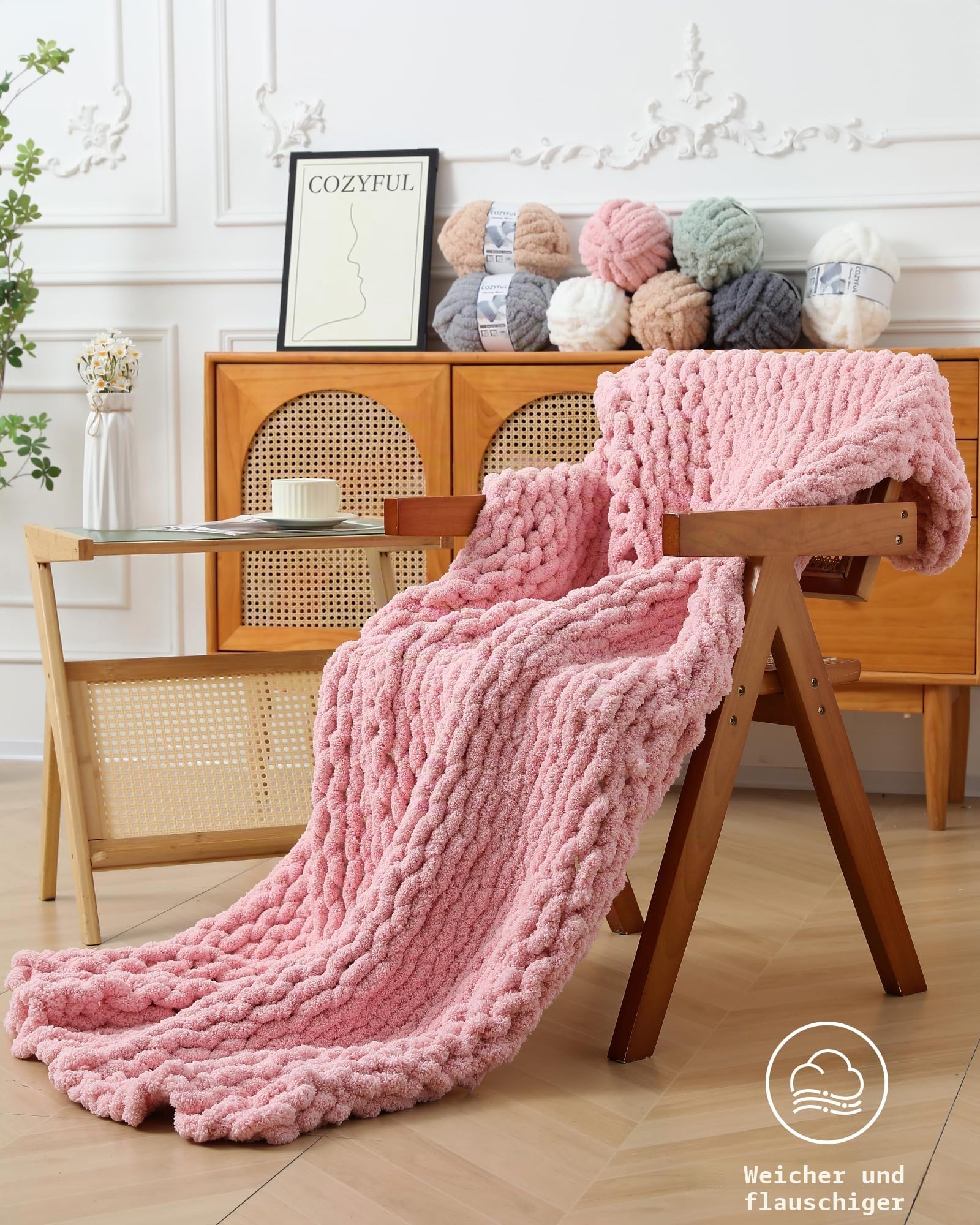 Cozyful Grobes Garn zum Handstricken, #9 dickes Jumbo-Garn zum Häkeln, Super Grobstrick-Deckengarne, große Chenille-Garne, 8 Stück (30 m pro Knäuel), Rosa