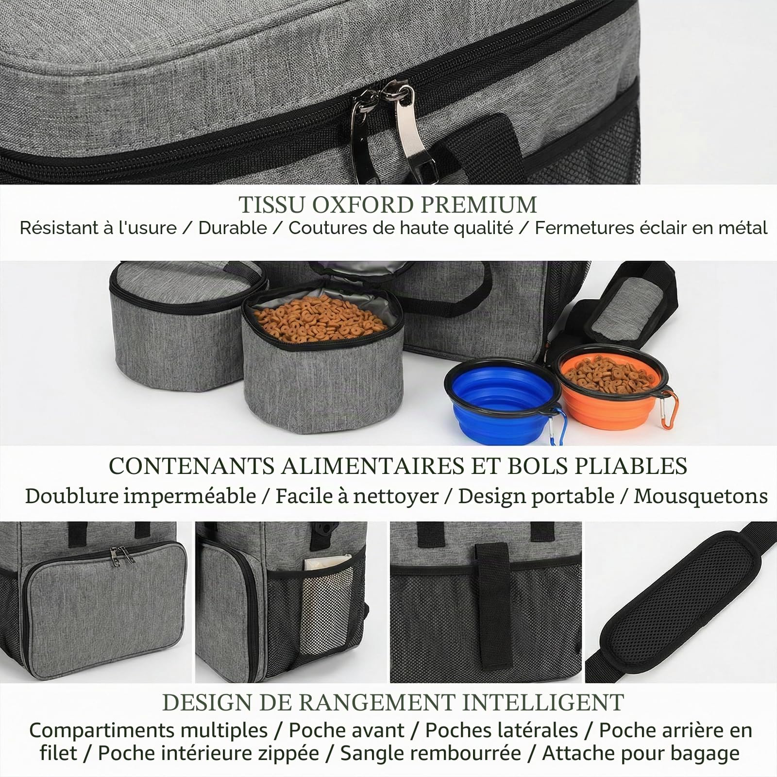 Sac de voyage pour chien avec 2 récipients et 2 bols pliables, imperméable | Bagage canin grande capacité, rangement repas et accessoires, adapté aux voyages, au camping, à la randonnée et à l’avion