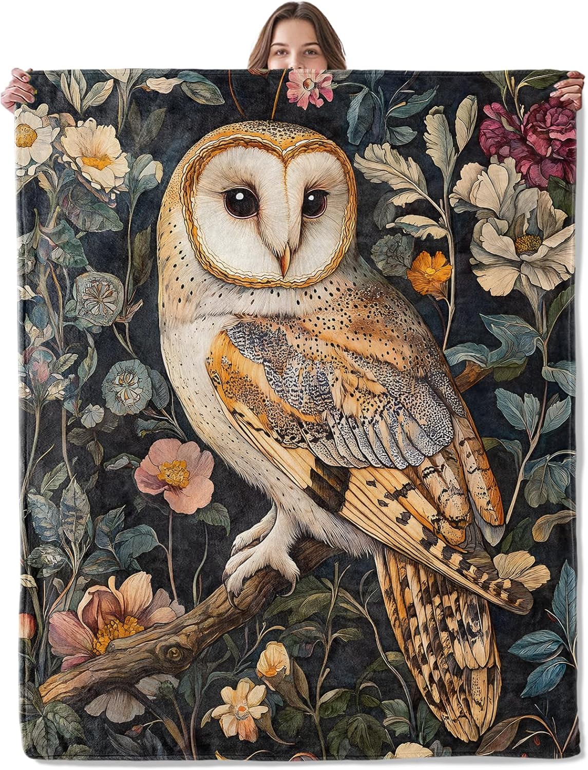 Beautiful Owl Blanket, Lightweight Comfy Elegant Owls with Vintage Flower Blankets for Couch Sofa Bedroom, Soft Plush Travel Flannel Throw Blanket Gifts for Adults Kids Women, Home Decor 60×50in