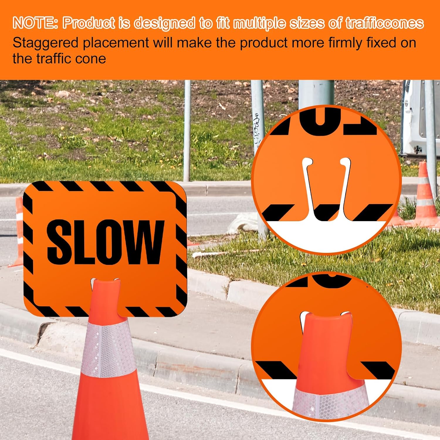 6 Pcs Slow Traffic Cone Signs, 12.6 x 10.4 Inch Slow Down Signs Road Traffic Cone Top Warning Sign, Black and Orange High Visibility Road Construction Parking Safety Track Outdoor Neighborhoods