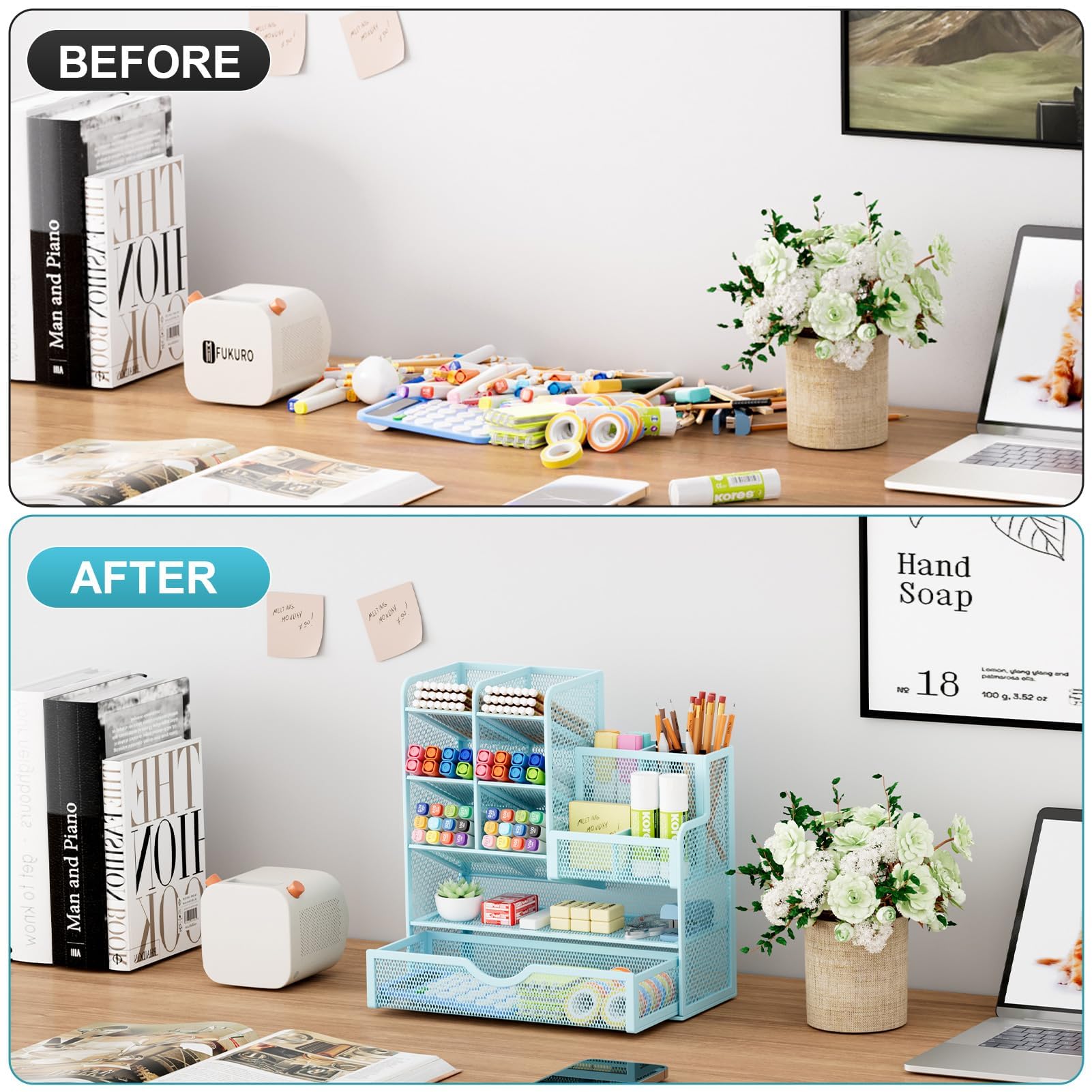 Marbrasse Organizer Scrivania in Rete,Organizer per Cancelleria,Portapenne,Multifunzione,Portaoggetti da Scrivania e Cassetto per Casa e Ufficio (Blu)