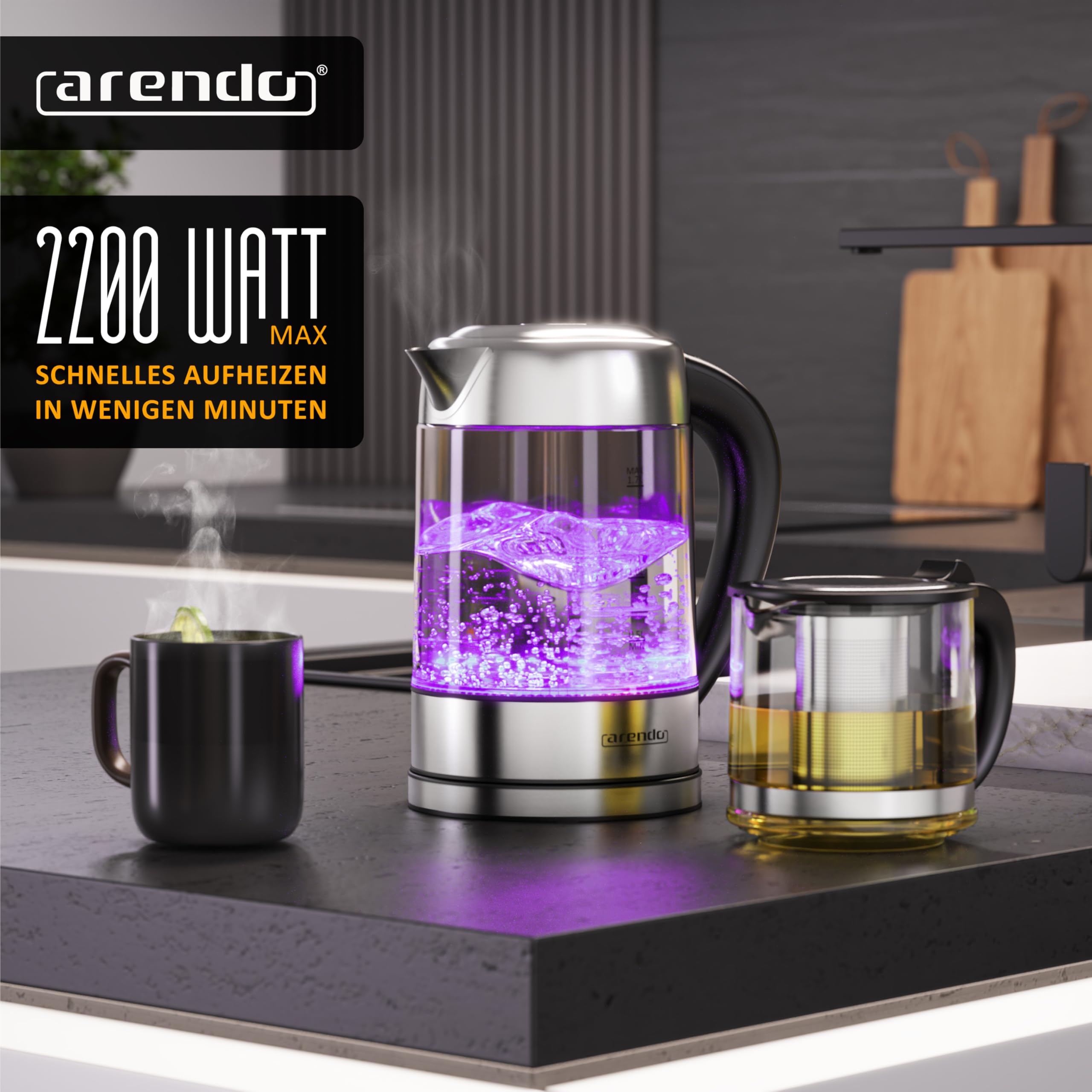 Arendo - Glas Wasserkocher mit Temperatureinstellung 1,8 Liter - Teekocher 0,8 Liter mit Sieb - 2200 W – Überhitzungsschutz – Temperaturauswahl 40° - 100°C - Warmhaltefunktion - LED Beleuchtung