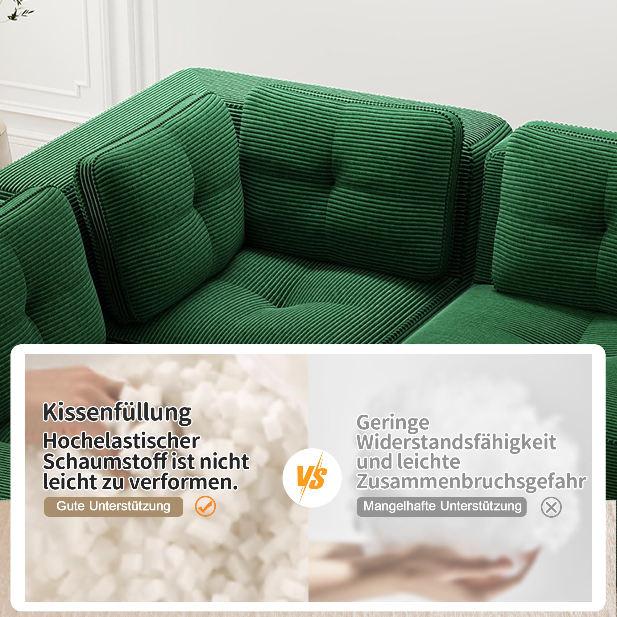 Modulares und konfigurierbares Ecksofa, zweisitziges, rahmenloses L-förmiges Sofa mit beweglicher Fußstütze, bequemer Cordstoff, geeignet für Wohn- und Schlafzimmer,Grün