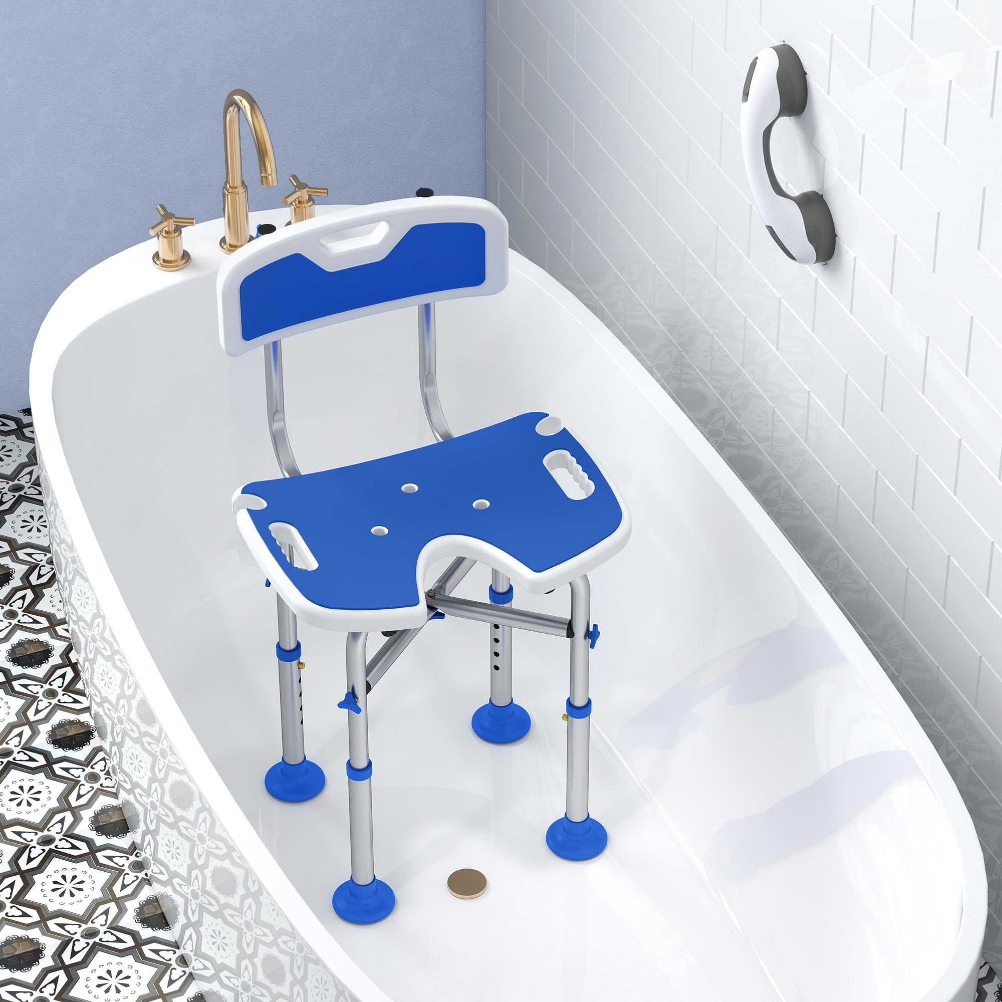 HOMCOM Silla Ducha Personas Mayores con Respaldo Antideslizante 150 kg | Altura Ajustable en 5 Posiciones, Soporte para Alcachofa, para Ancianos y Discapacitados