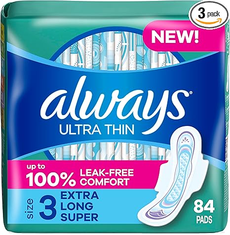Always Ultra Thin Pads with Wings, Size 3, Extra Long Super, 84 Count (3 Packs of 28)