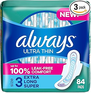 Always Ultra Thin Pads with Wings, Size 3, Extra Long Super, 84 Count (3 Packs of 28)