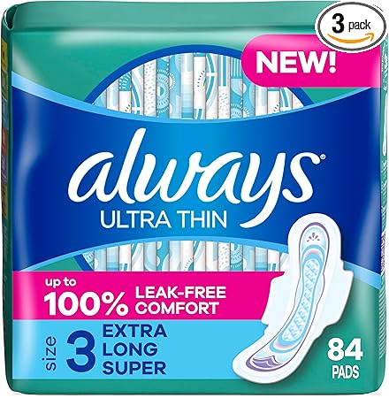 Always Ultra Thin Pads with Wings, Size 3, Extra Long Super, 84 Count (3 Packs of 28)