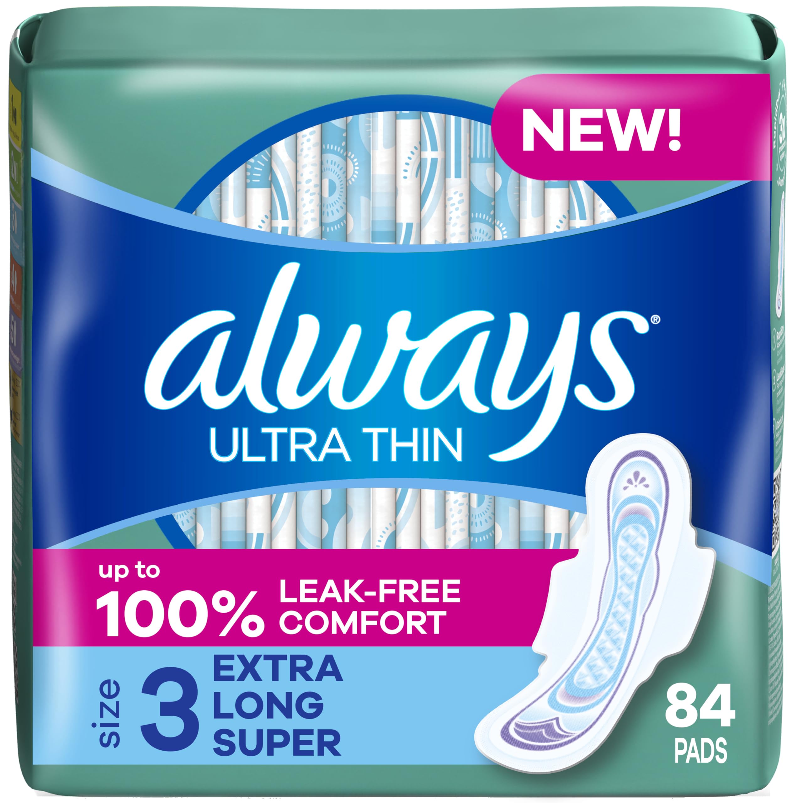 AlwaysUltra Thin Pads with Wings, Size 3, Extra Long Super, 84 Count (3 Packs of 28)