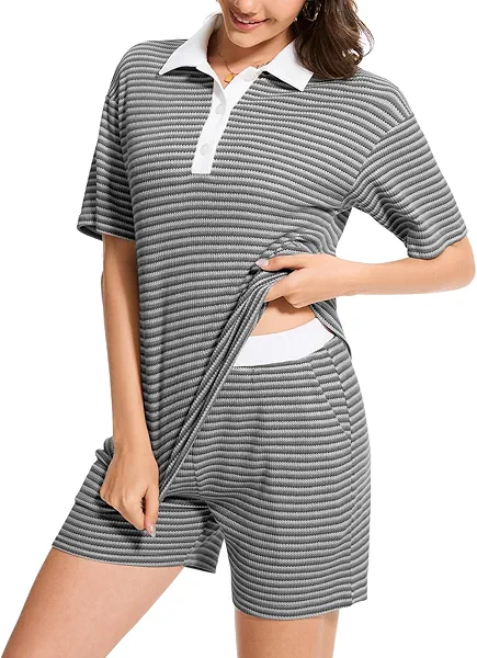 Moreone Womens 2 Piece Lounge Sets Striped Matching Set Polo Shirts Collared V Neck Short Sleeve Tops Shorts with Pockets