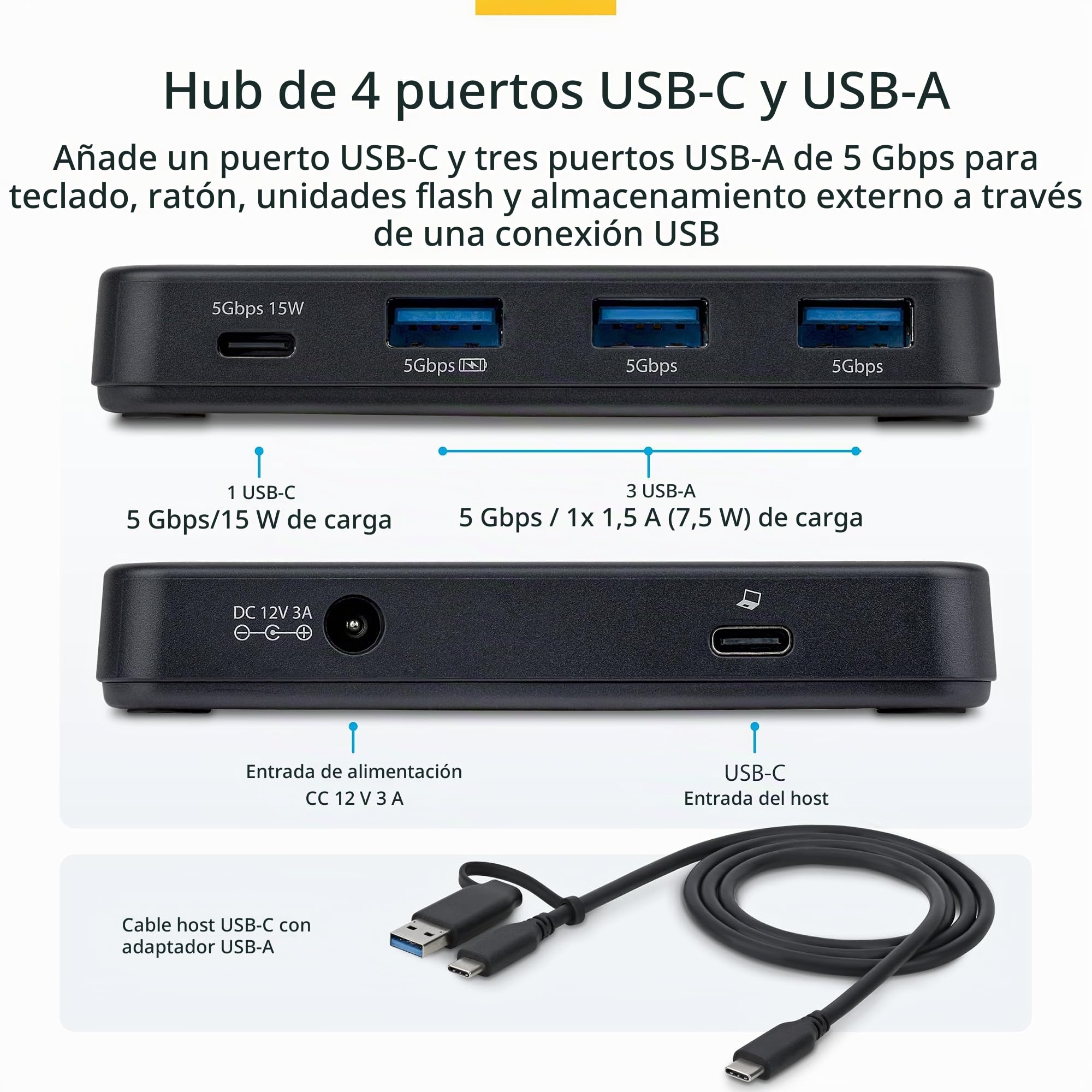 StarTech Hub USB-C y USB-A de 4 Puertos, 5Gbps, 36W (311UE-USB-HUB) | Cable Host 2 en 1 USB-C y USB-A, Carga BC 1.2, 3x USB-A y 1x USB-C, Adaptador de 36W Incluido