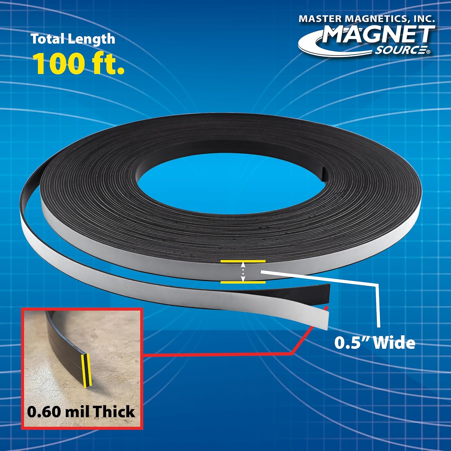 Master Magnetics Flexible Magnetic Tape - Magnet Strips with Strong Adhesive Backing for Walls, Boards, Signs, and More - 0.0625" Thick - 0.5" W - 100 Ft - 1 Roll