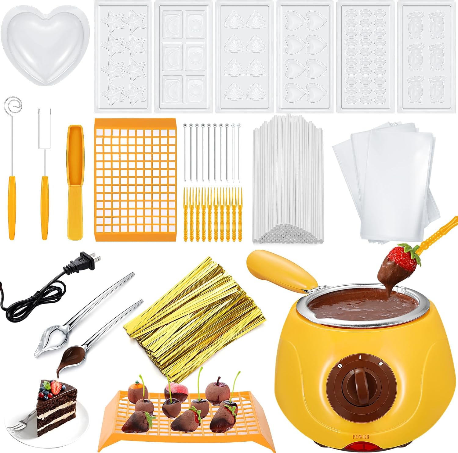 Umigy Electric Melting Chocolate Pot Gift Set Mini Fondue Fountain Pot Kit Chocolate Melting with DIY Mold and Accessories for Candy Chocolate Milk Cheese Candy Home(Yellow)