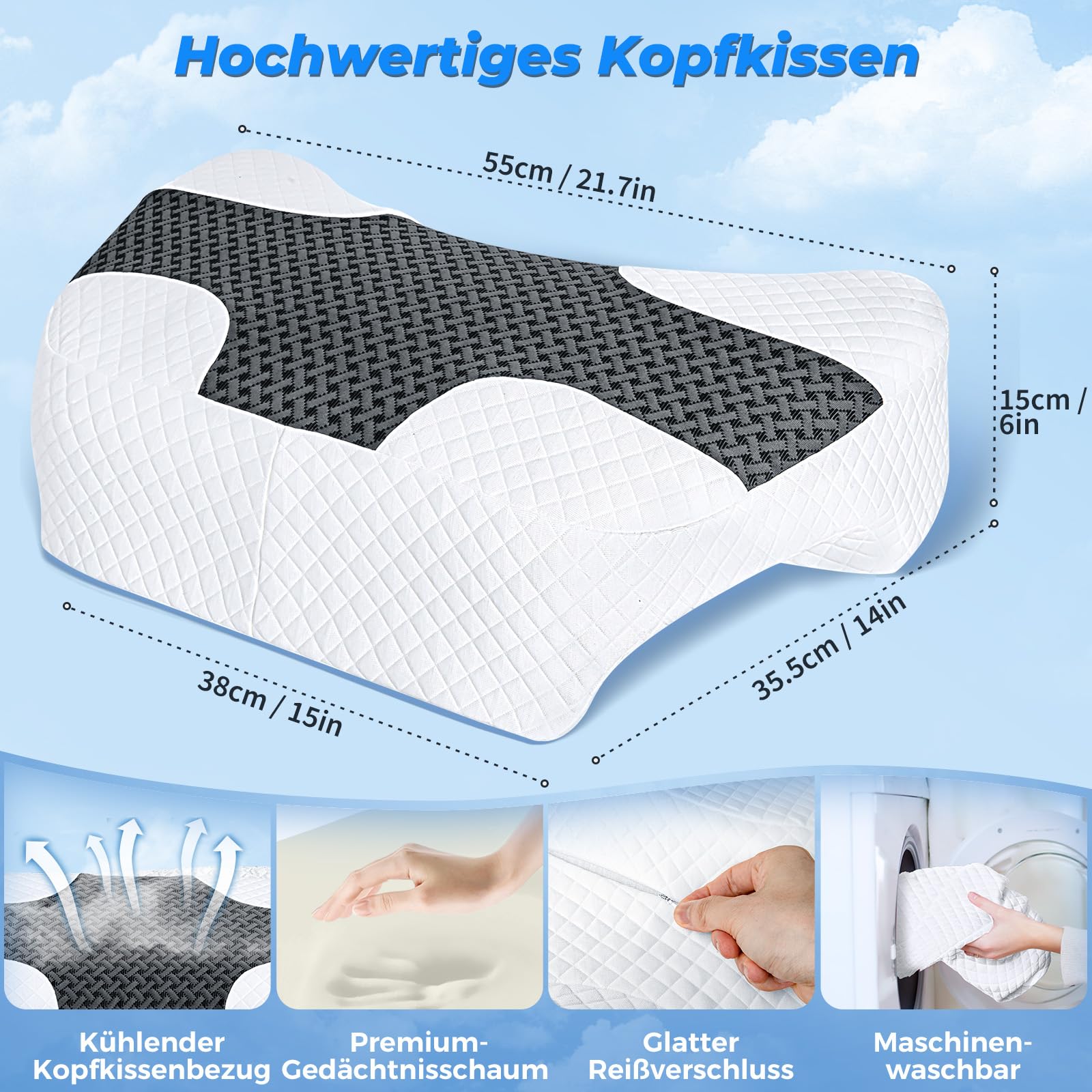 SAHEYER Almohada Brazos Espuma Viscoelástica, Almohada Cervical Multiangular para Cuello y Hombros, Almohada para Dormir de Lado, Boca Arriba y Boca Abajo, Negro