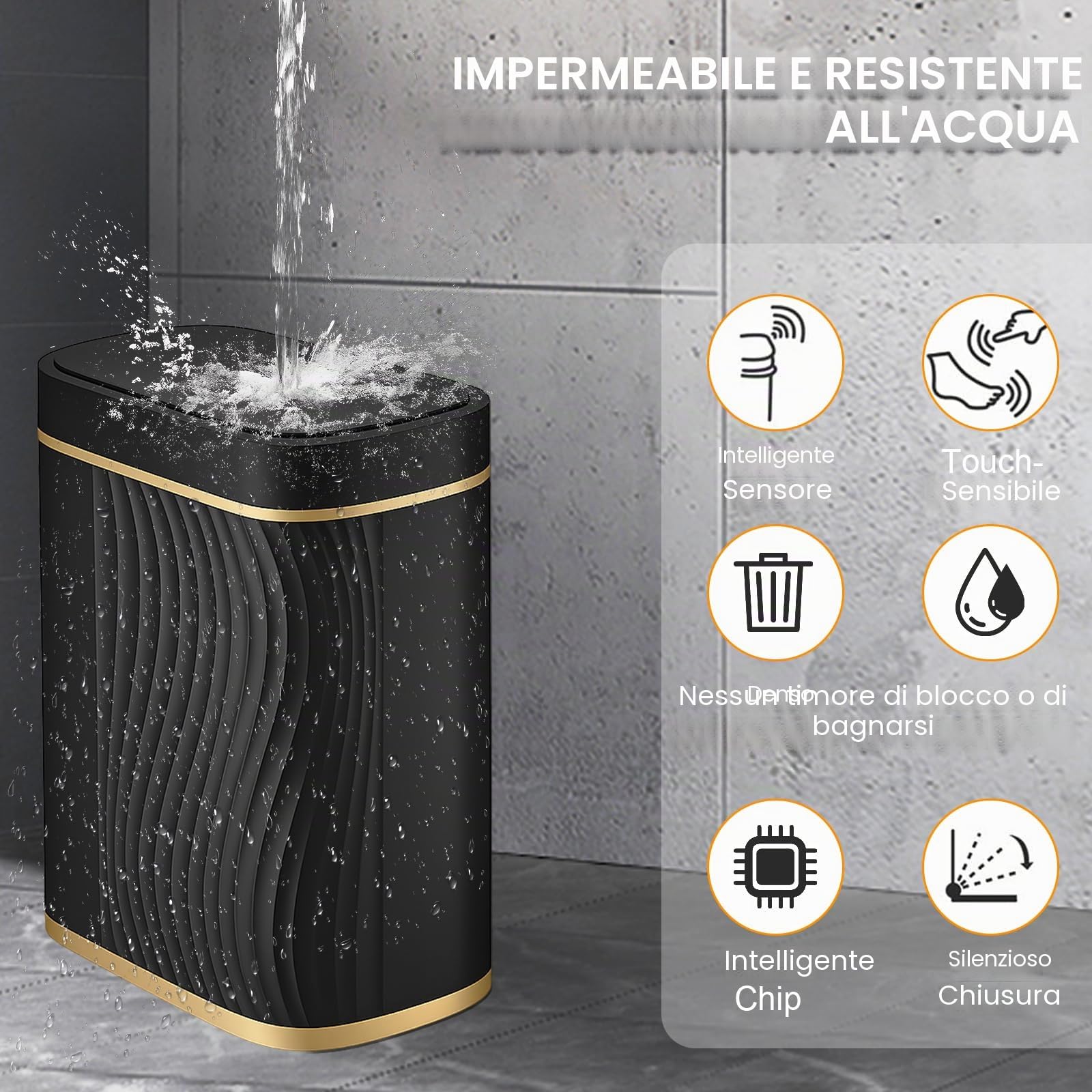 Pattumiera da 8 l, con sensore intelligente, da cucina con coperchio, per cosmetici, per bagno, inodore e impermeabile, senza rumore, touchless26,5 x 29,5 x 14 cm (nero)