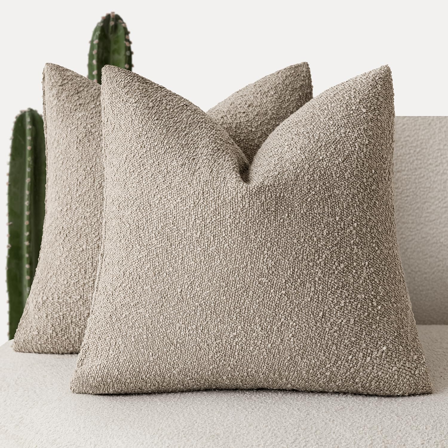 Foindtower Decorative Textured Boucle Cushion Covers Neutral Accent Solid Color Soft Couch Cushions for Chair Sofa Bedroom Living Room Home Decor 22x22 Inch Light Brown Set of 2 โ image 1