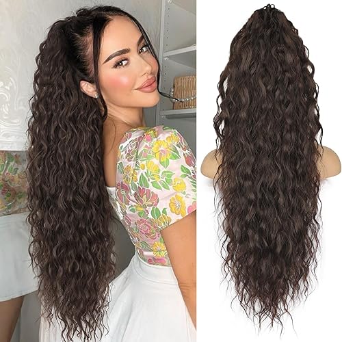 ORSUNCER Dark Brown Ponytail Extension Claw 30" Curly Pony Tail Clip in Claw Hair Extensions Fluffy Natural Looking Synthetic Hairpiece for Women…