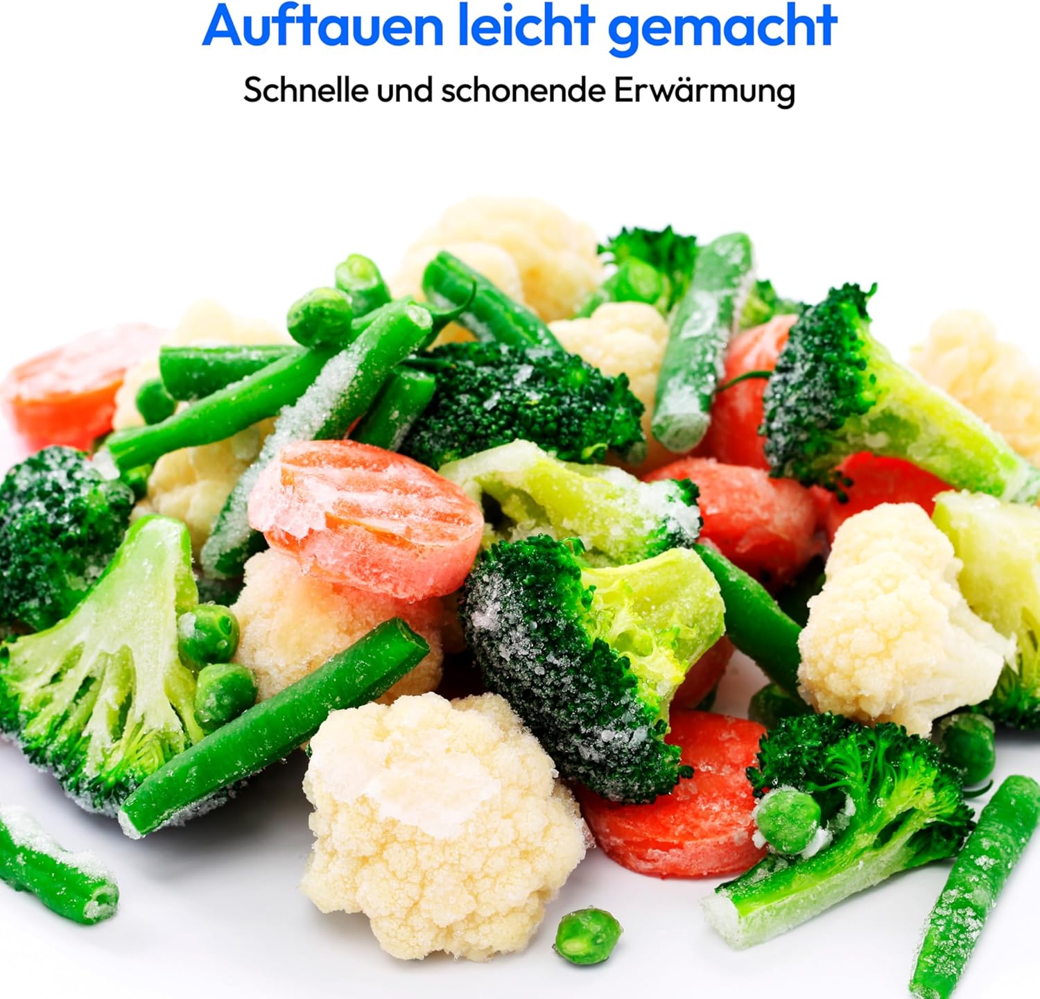 A pile of mixed frozen vegetables, illustrating the microwave's defrosting capability.