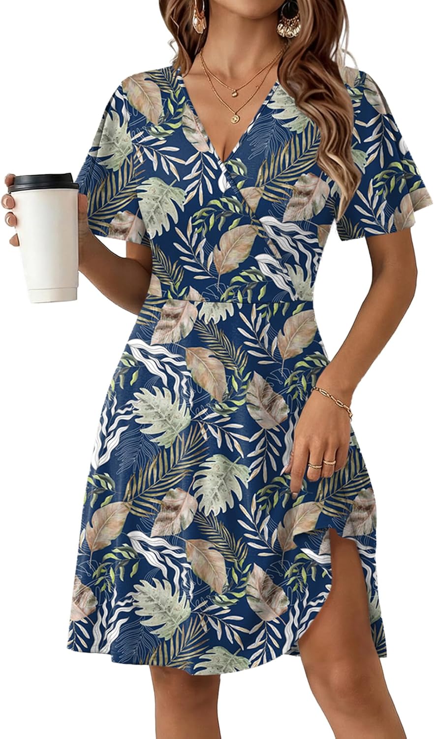 Zeagoo Womens Summer Sundress Ruffle Short Sleeve Casual Dresses V Neck Floral Wrap A-Line Party Dress with Pockets - Image 2