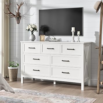 Farmhouse Dresser for Bedroom, 7 Drawers Dresser with Natural Texture, Wood Rustic Wide Chest for Bedroom, Hallway, Entryway, White