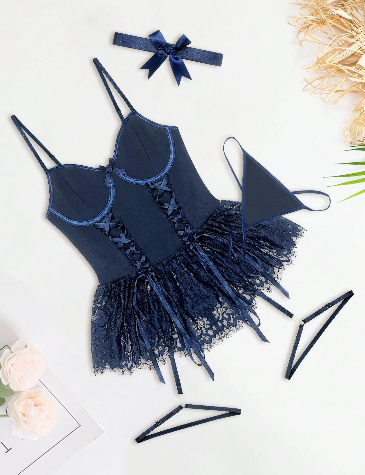 Mixxmix Women Sexy Lingerie Set Naughty Lace Up Corset Bodysuit Underwire Lingerie Babydoll With Garter Belt and Bow Tie