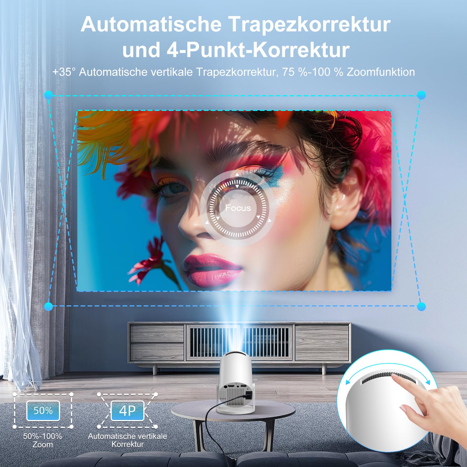 Salange Mini Beamer Unterstützt 4K, Android 14 mit Apps,Smart Projektor Tragbarer mit 5G WiFi 6 und Bluetooth 5.4,Klein Portable Beamer Auto Keystone 8000L 270°Dreh, Heimkino Outdoor,Weiß