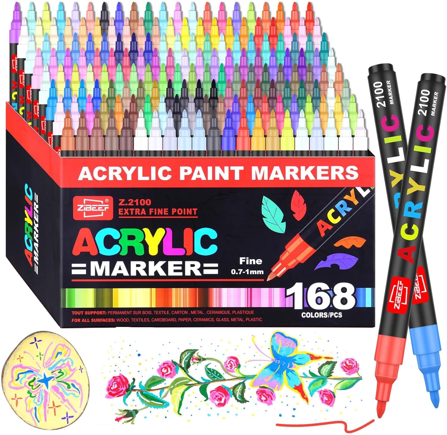 Laconile Marqueurs Acryliques 168 Couleurs, Stylos Peinture Acrylique Pointe Extra-Fine 0,7–1 mm, Permanent Imperméable sur Pierre Bois Verre Céramique Tissu – Set Loisirs Créatifs Adultes