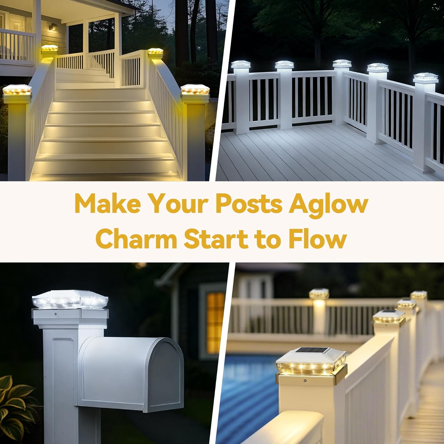 Solar Post Cap Lights Outdoor, 12 Pack Upgraded Waterproof Deck Fence Post Solar Lights for 3.5x3.5 4x4 5x5 Vinyl/Wood Posts, 10-12 Hours Warm/Cool White Glow for Garden/Patio/Porch - White