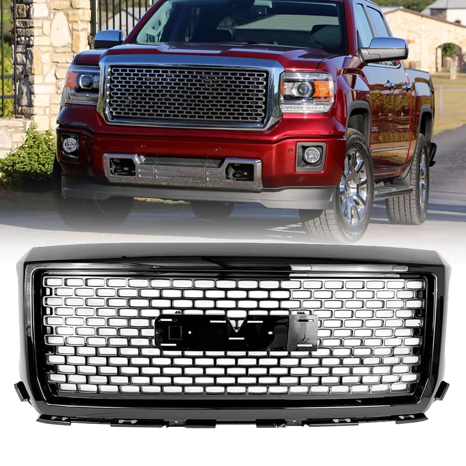 Gloss Black Grille For GMC Sierra 1500 Front Bumper Denali Style Grill 2014 2015