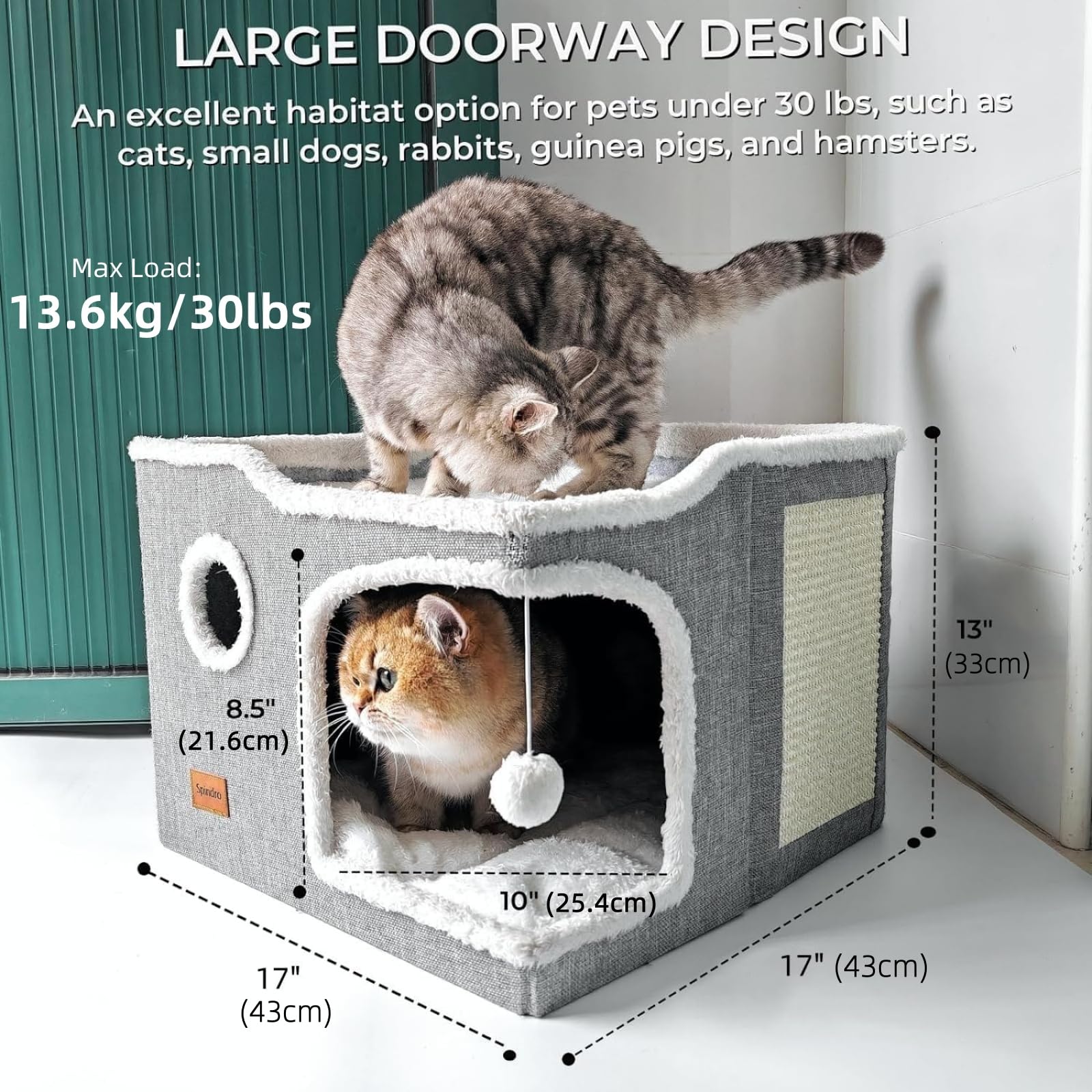 Spindro Grande cuccia per gatti da interni, pieghevole, per adulti, anti-ansia, con torri per gatti, con tappetino morbido, grigio