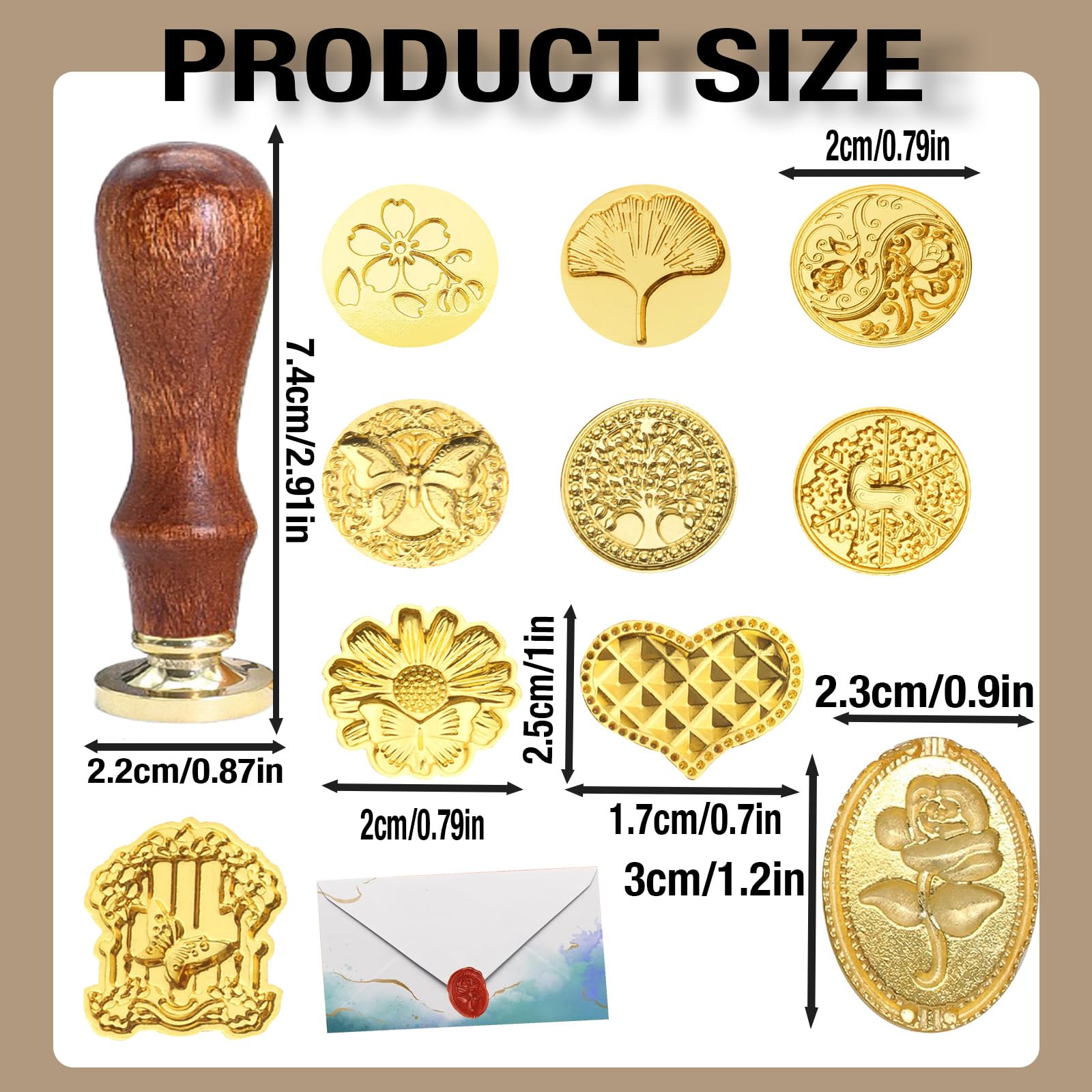 Juego de sello de cera multifuncional de 11 piezas, incluye 10 cabezales de metal grabados y 1 mango de madera, para invitaciones, cartas y proyectos de manualidades