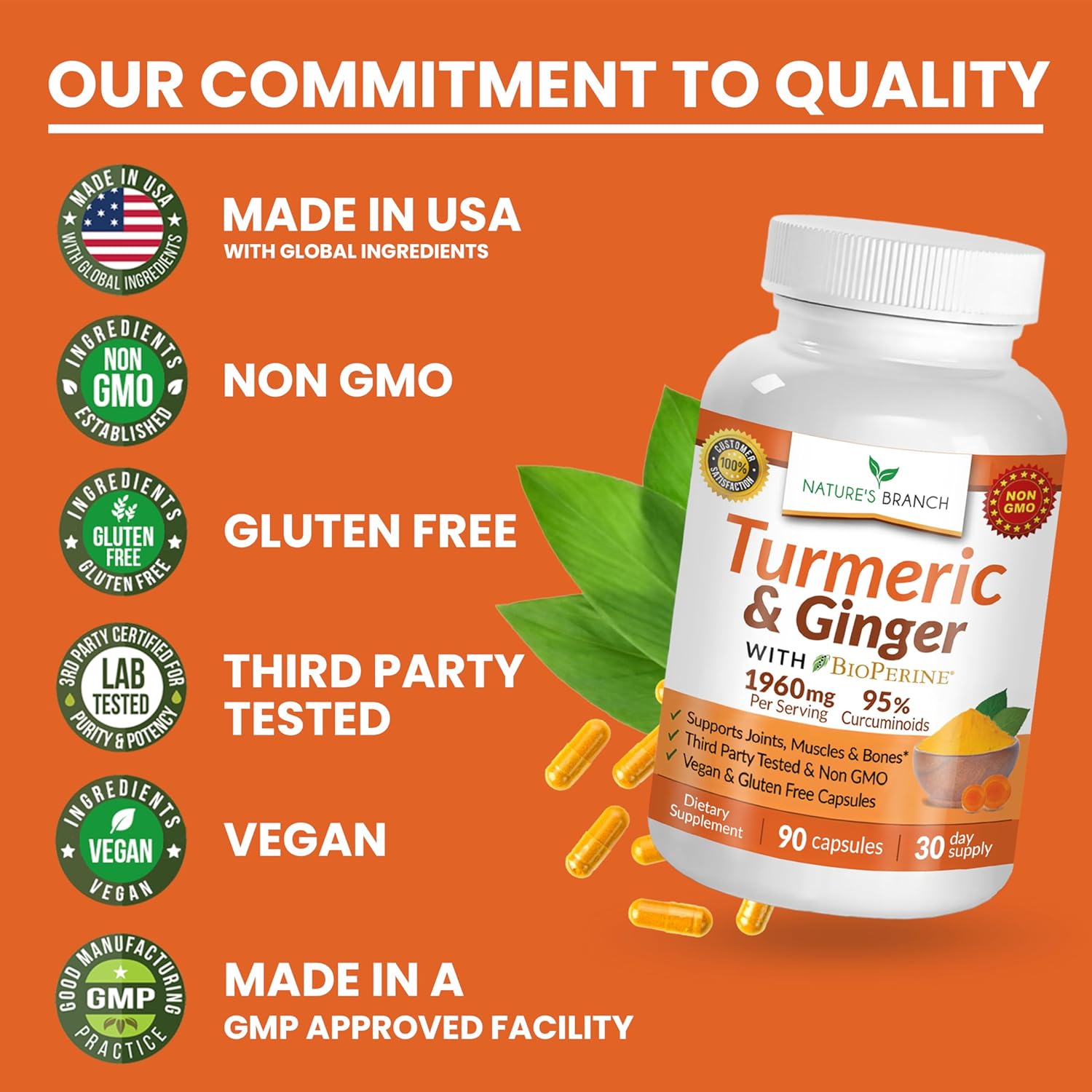 Turmeric and Ginger Supplement - Organic Turmeric & BioPerine - 95% Curcuminoids for Joint Support & Digestion | High Absorption Black Pepper Extract, Vegan, Curcumin Pills, Extra Strength 90 Capsules - Image 7