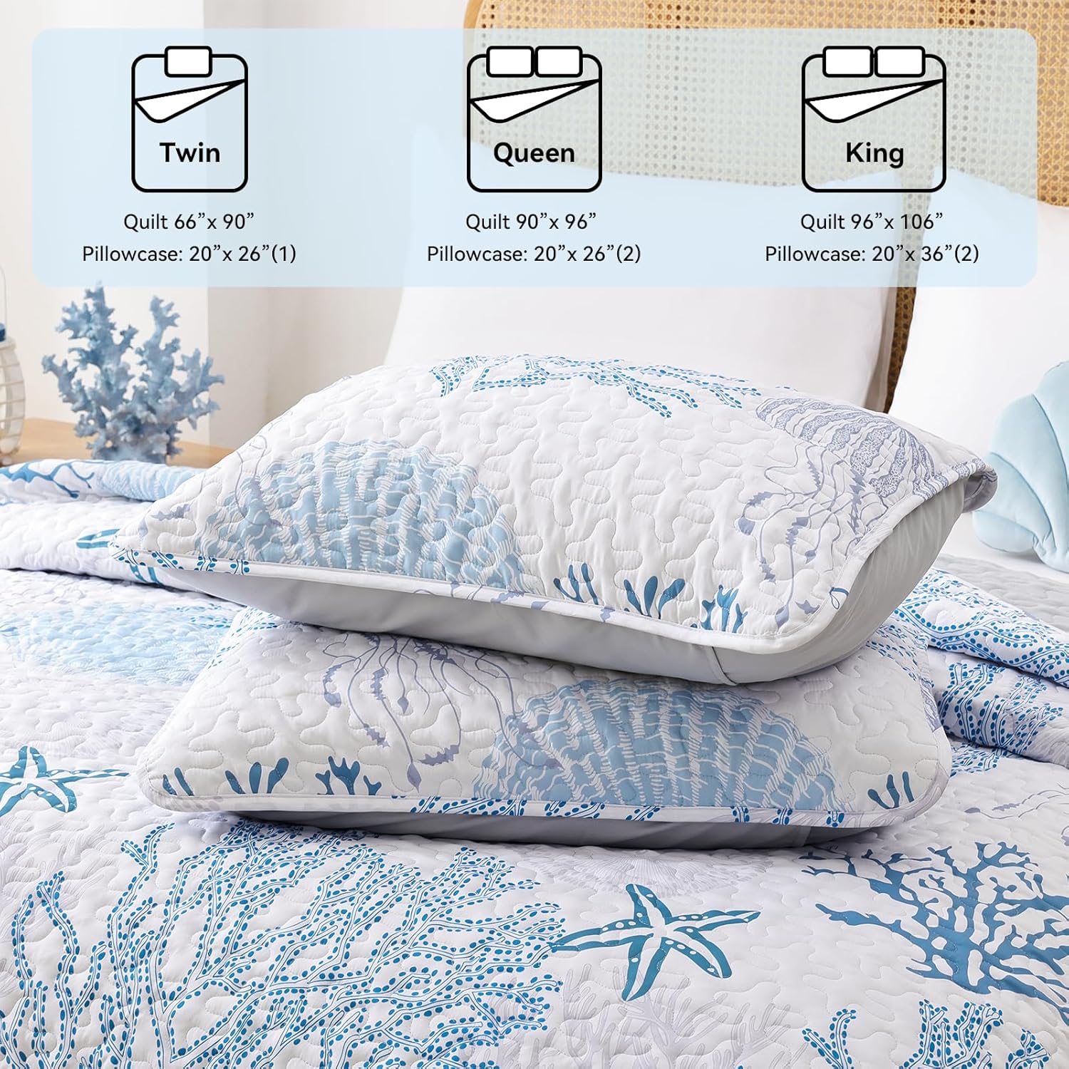 weigelia Coastal Quilts Bedding Set Queen Size - Blue Summer Nautical Bedding Quilt with Pillow Cases, Beach Reversible Quilt Set Bedspreads Coverlet Soft Lightweight Comforter