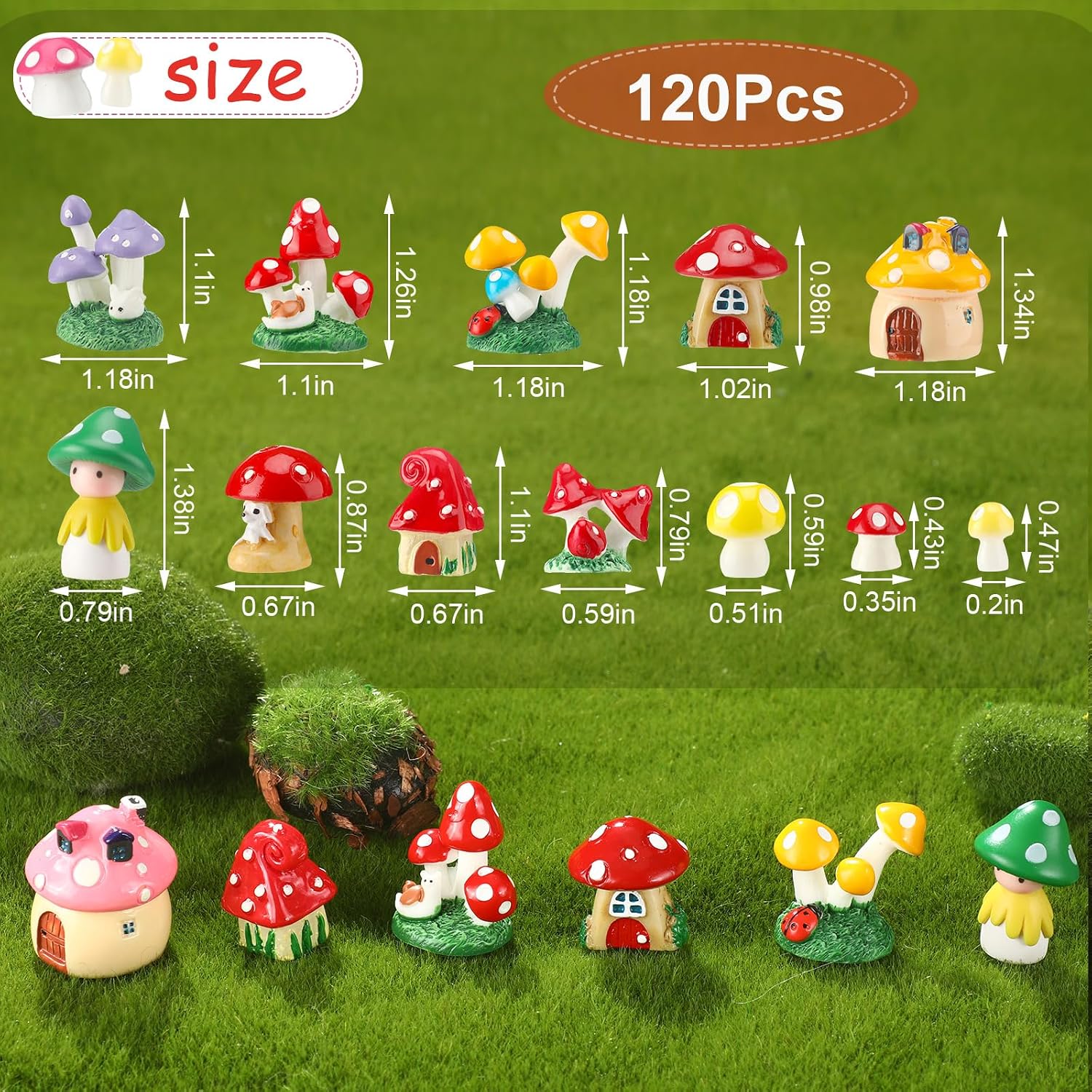 Yulejo 120 Pcs Mini Resin Mushrooms for Crafts Garden Miniature Tiny Mushrooms Figurines Bulk Colorful Ornaments for Garden Bonsai Micro Landscape Craft Aquarium Tiny Toys Decor