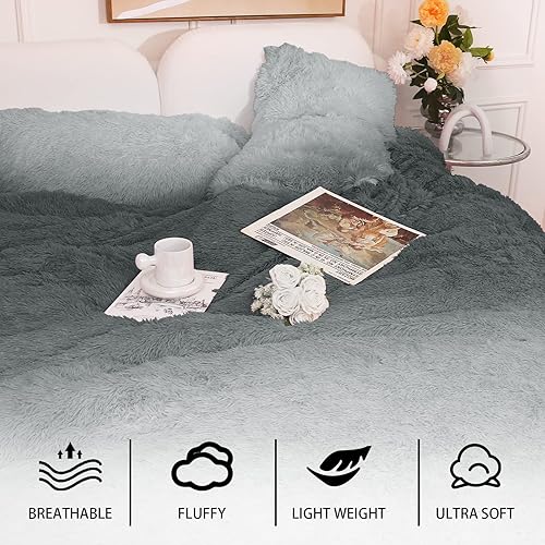 Miniatura 3 de greenoak Funda de edredón de felpa, juego de cama tamaño Queen, funda de edredón esponjosa con dos fundas de almohada de lujo, funda de edredón