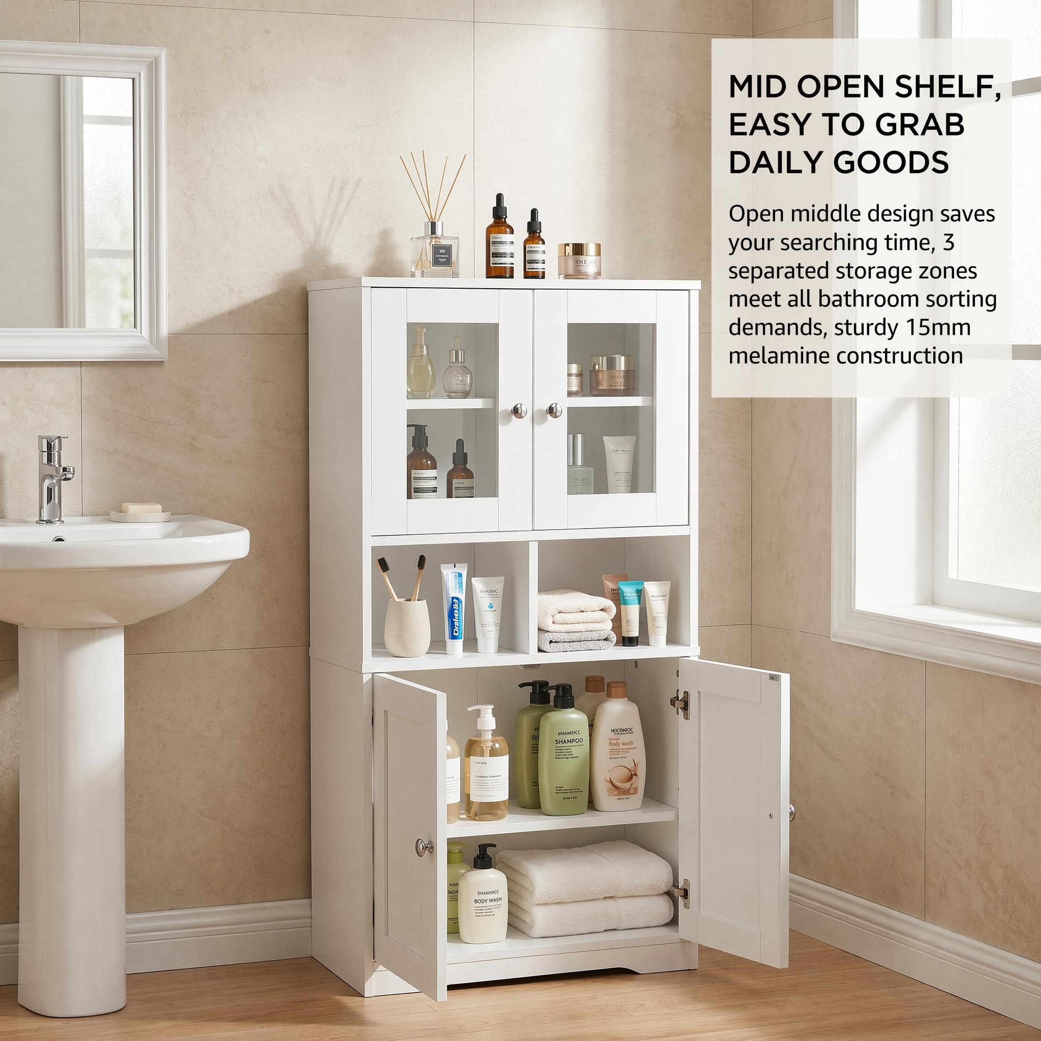 Mobile Alto da Bagno con 4 ante e 2 cassetti, pannello in melamina double face, 15 mm, robusto, ripiani regolabili, mobile di archiviazione per bagno, soggiorno, sala da pranzo(Bianco,128CM)