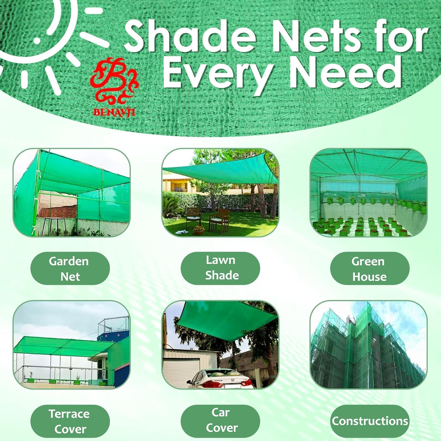 BENAVJI High Density Multipurpose Niwar Shade Net Green Sun Shade Sail Square Canopy for Balcony & Garden 75% Protection from Sun & UV Rays 10X4 FEET 2